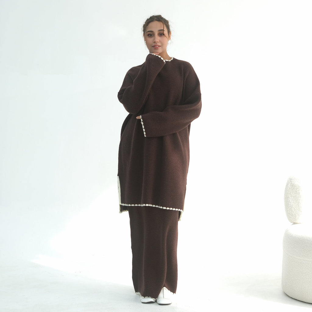 LM325 Ensemble 2 Pièces Tricot Épais Hiver - Mode Modeste Chaude pour Femmes Musulmanes