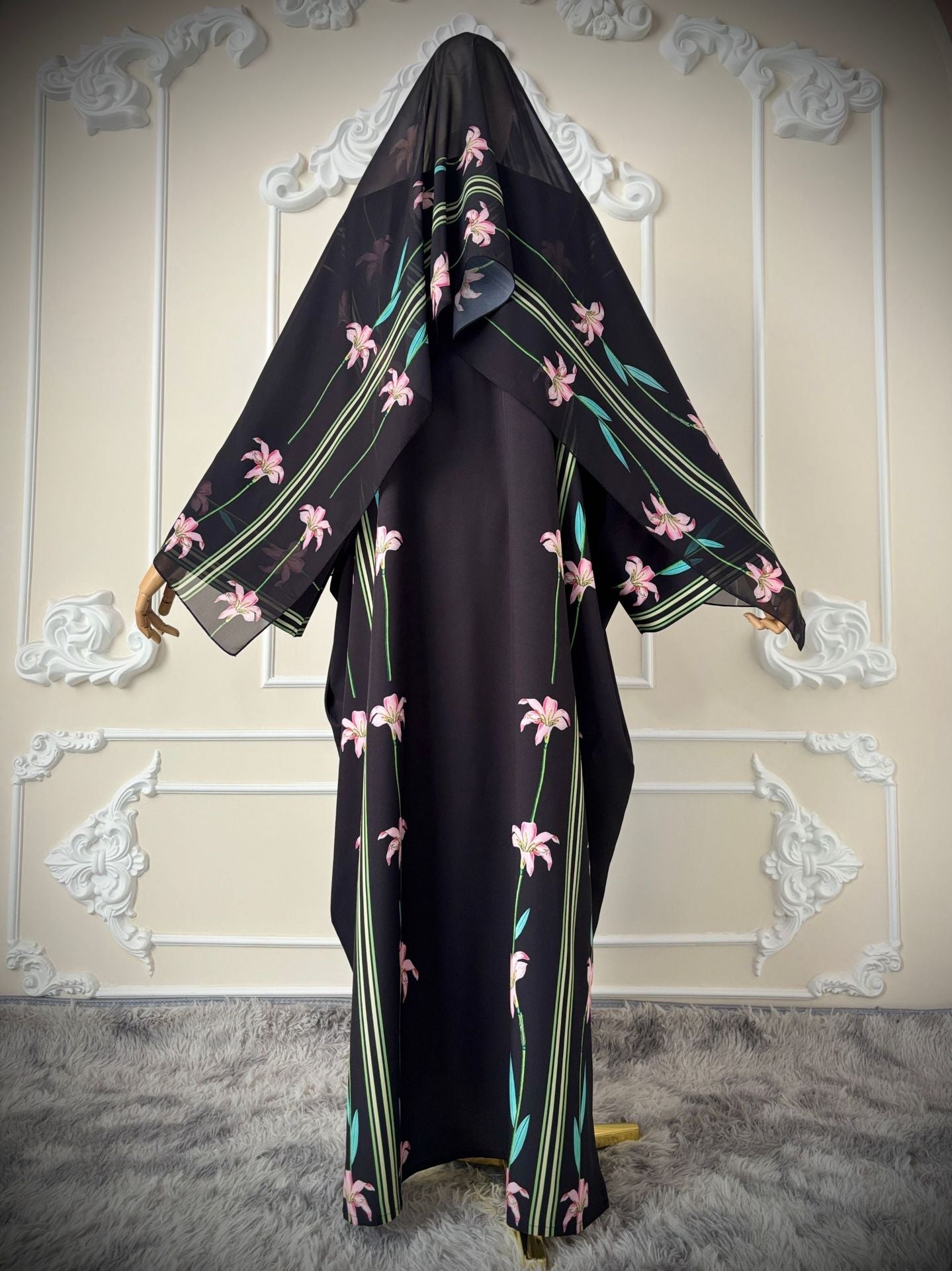 LM327 Cardigan Abaya Imprimé avec Hijab - Mode Modeste Femmes Musulmanes
