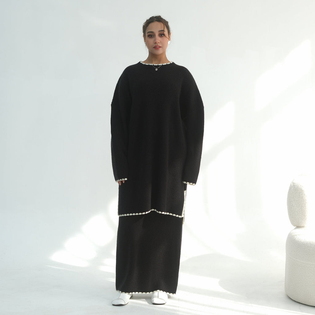 LM325 Ensemble 2 Pièces Tricot Épais Hiver - Mode Modeste Chaude pour Femmes Musulmanes