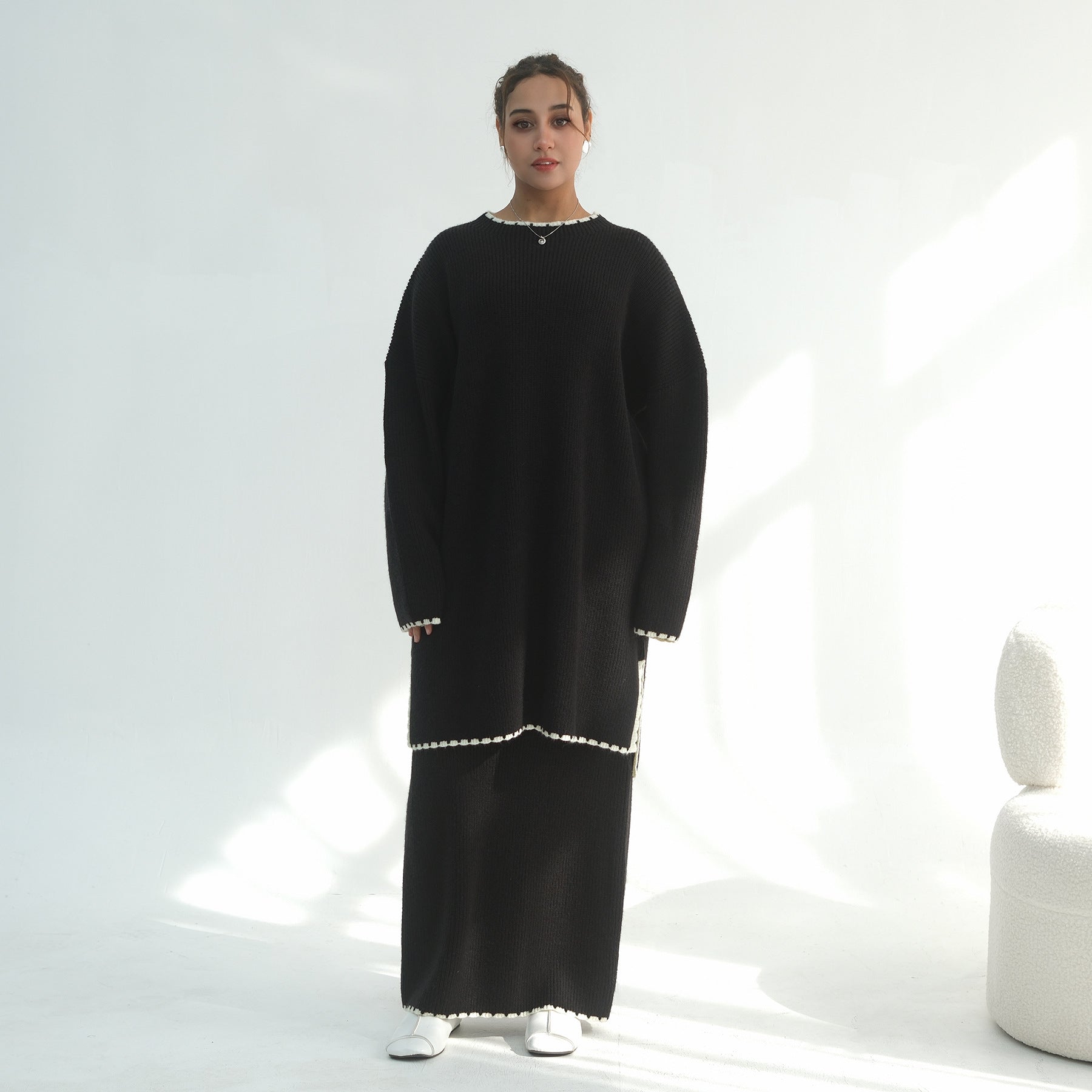 LM325 Ensemble 2 Pièces Tricot Épais Hiver - Mode Modeste Chaude pour Femmes Musulmanes