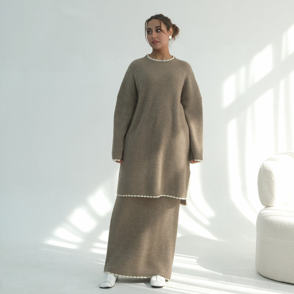LM325 Ensemble 2 Pièces Tricot Épais Hiver - Mode Modeste Chaude pour Femmes Musulmanes