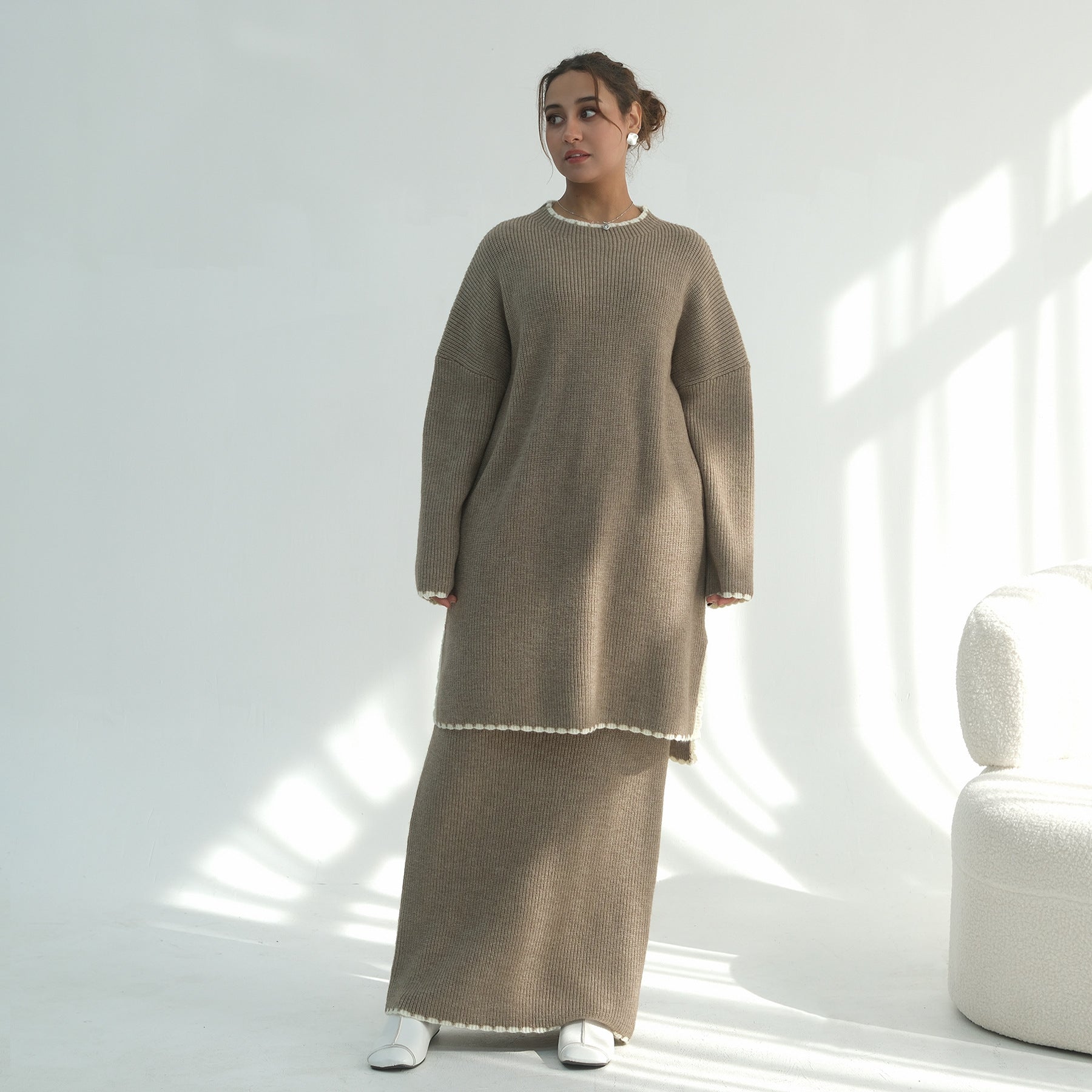 LM325 Ensemble 2 Pièces Tricot Épais Hiver - Mode Modeste Chaude pour Femmes Musulmanes