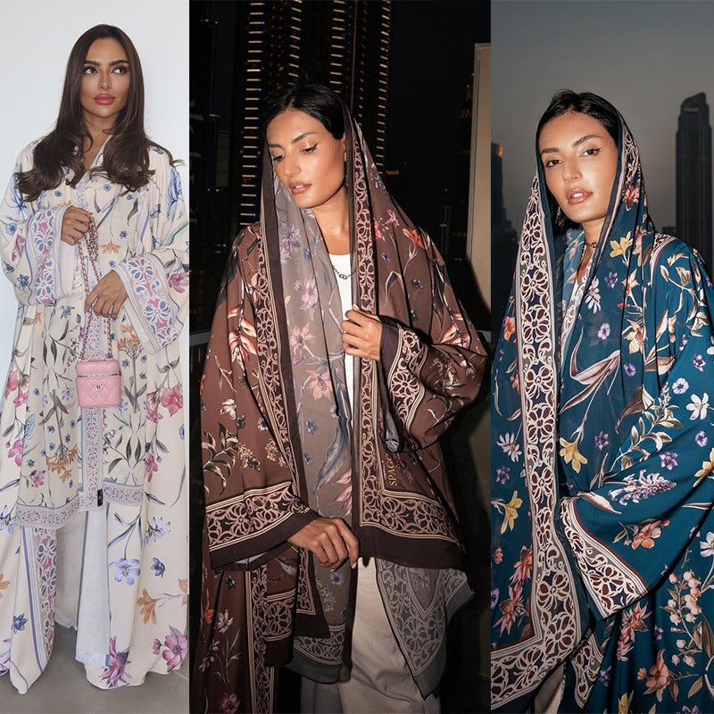 LM326 Cardigan Abaya Imprimé avec Hijab - Mode Islamique Modeste Femmes Musulmanes