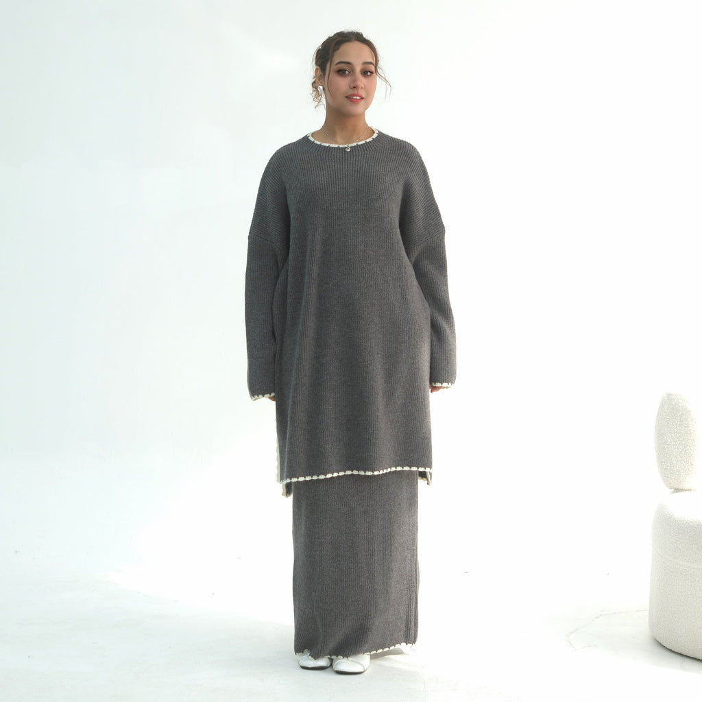 LM325 Ensemble 2 Pièces Tricot Épais Hiver - Mode Modeste Chaude pour Femmes Musulmanes