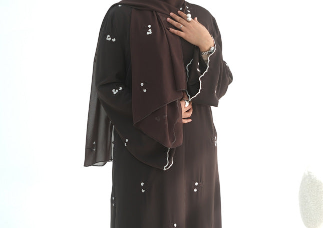 LM314 Cardigan Broderie Florale avec Ensemble Hijab - Tenue Modeste Élégante 2 Pièces pour Femmes Musulmanes