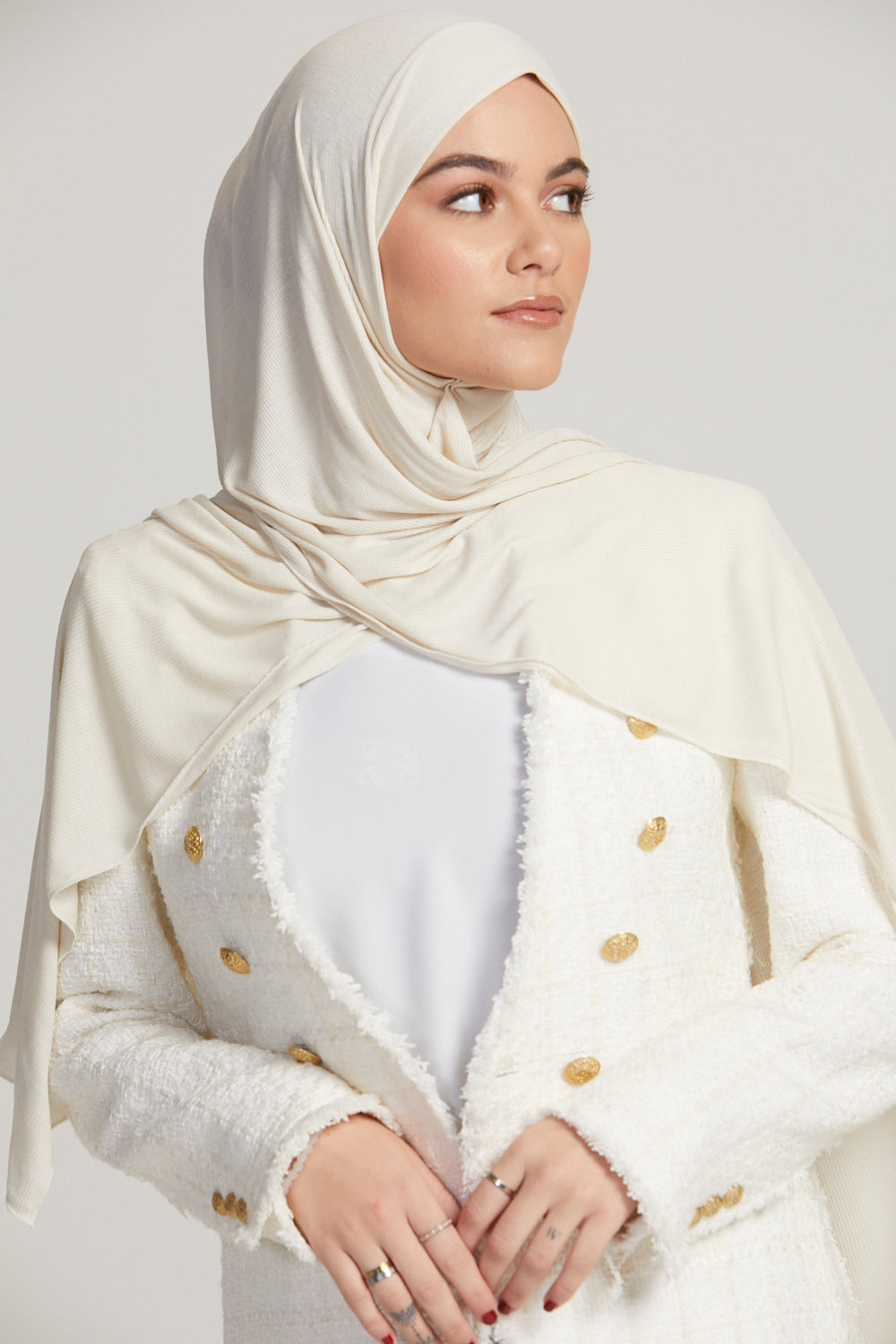 Hijab Jersey Nervuré Bambou Premium - Blanc Cassé