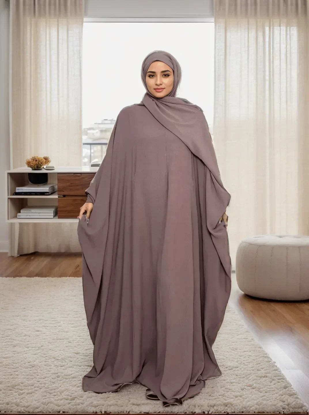 LM014 Abaya Papillon Grande Taille avec Ensemble Hijab – Robe Manches Chauve-Souris Modeste pour Femmes Musulmanes