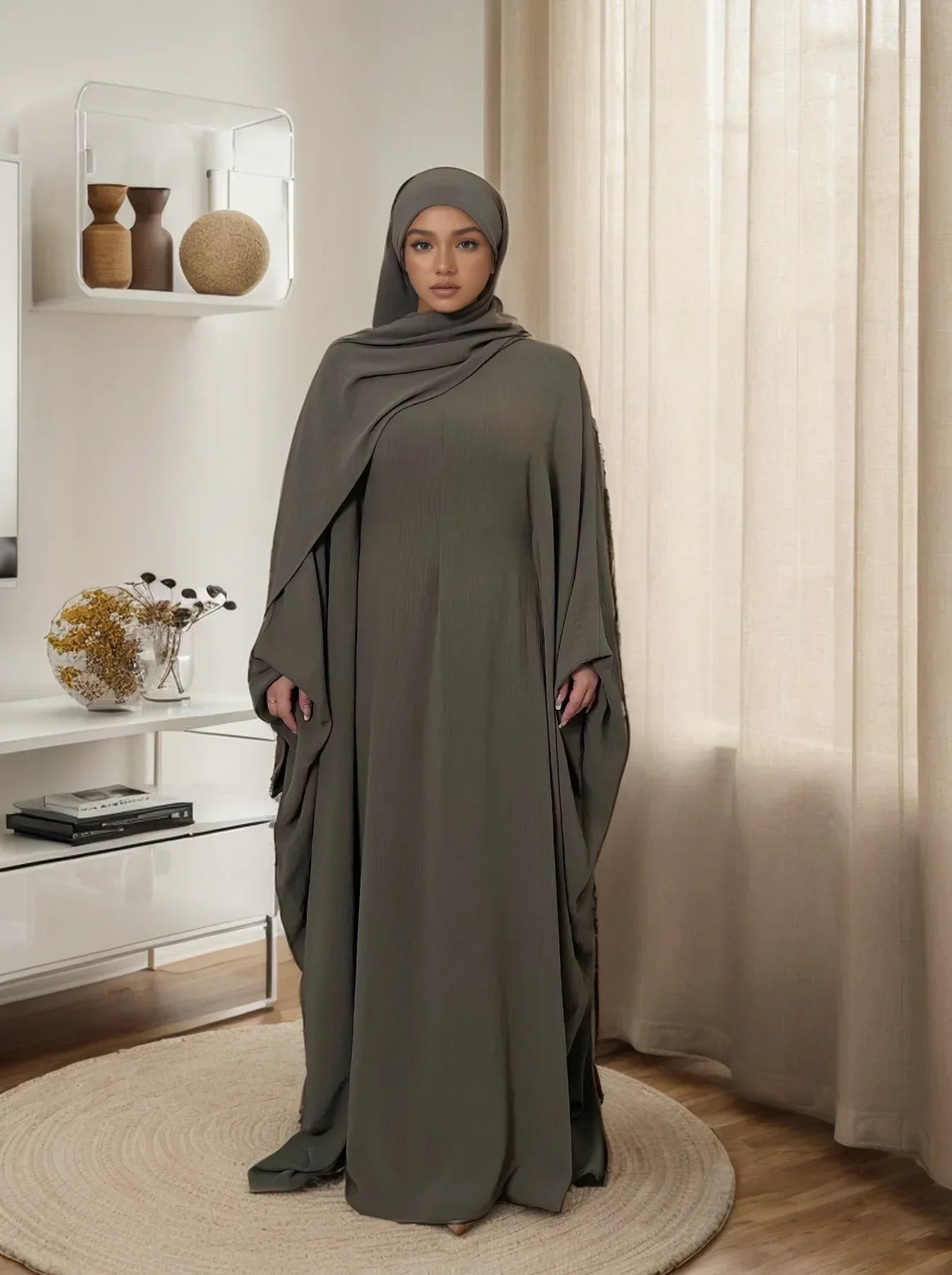 LM014 Abaya Papillon Grande Taille avec Ensemble Hijab – Robe Manches Chauve-Souris Modeste pour Femmes Musulmanes