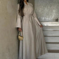 LM025 Abaya Lin Brodée avec Ceinture | Robe Modeste Élégante