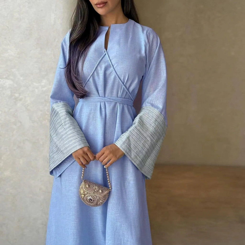 LM025 Abaya Lin Brodée avec Ceinture | Robe Modeste Élégante