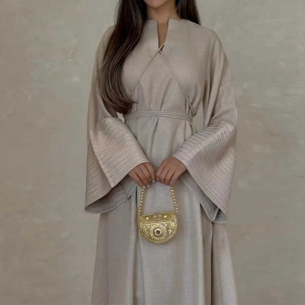 LM025 Abaya Lin Brodée avec Ceinture | Robe Modeste Élégante