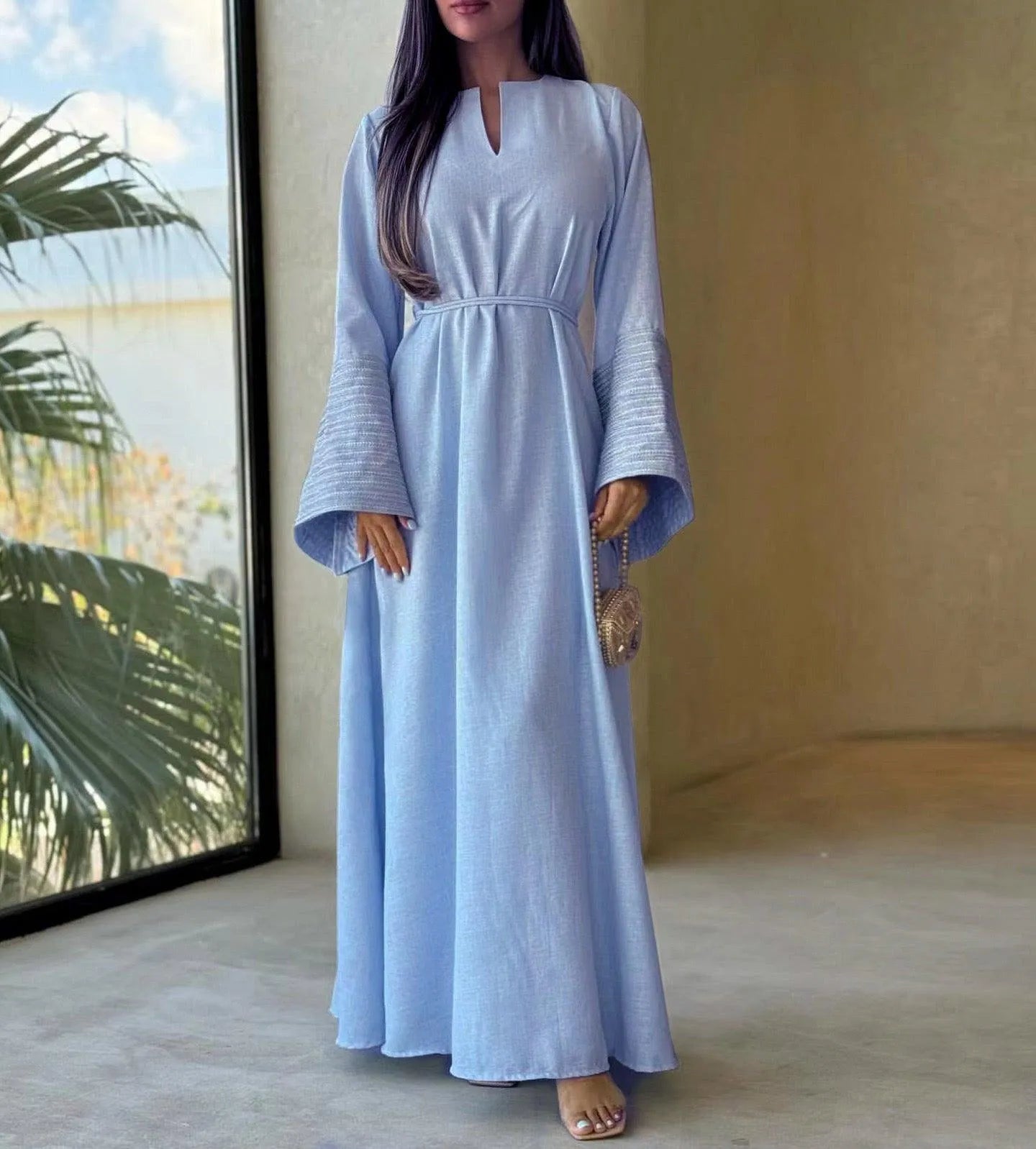 LM025 Abaya Lin Brodée avec Ceinture | Robe Modeste Élégante