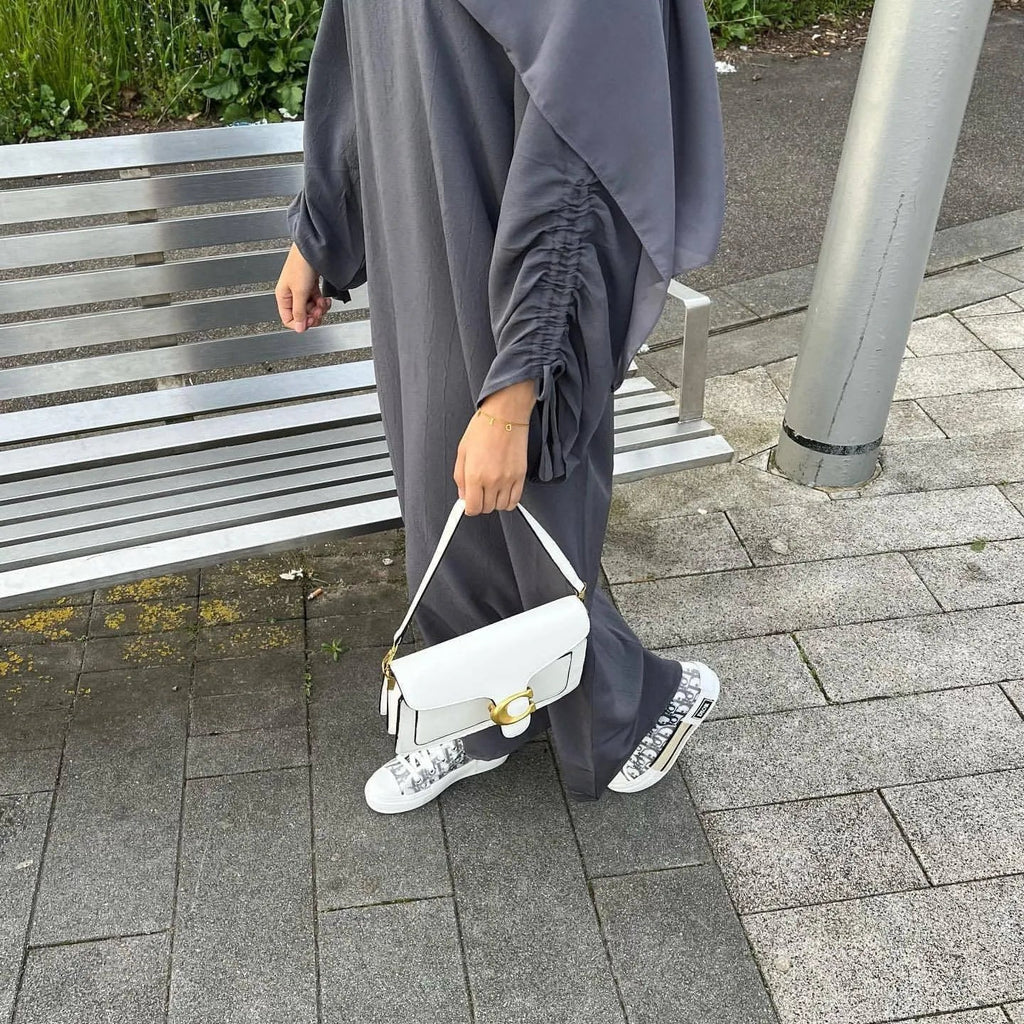 LM037 Robe Nuisette Crêpe Lin Manches Longues Froncées avec Fronces Nouées