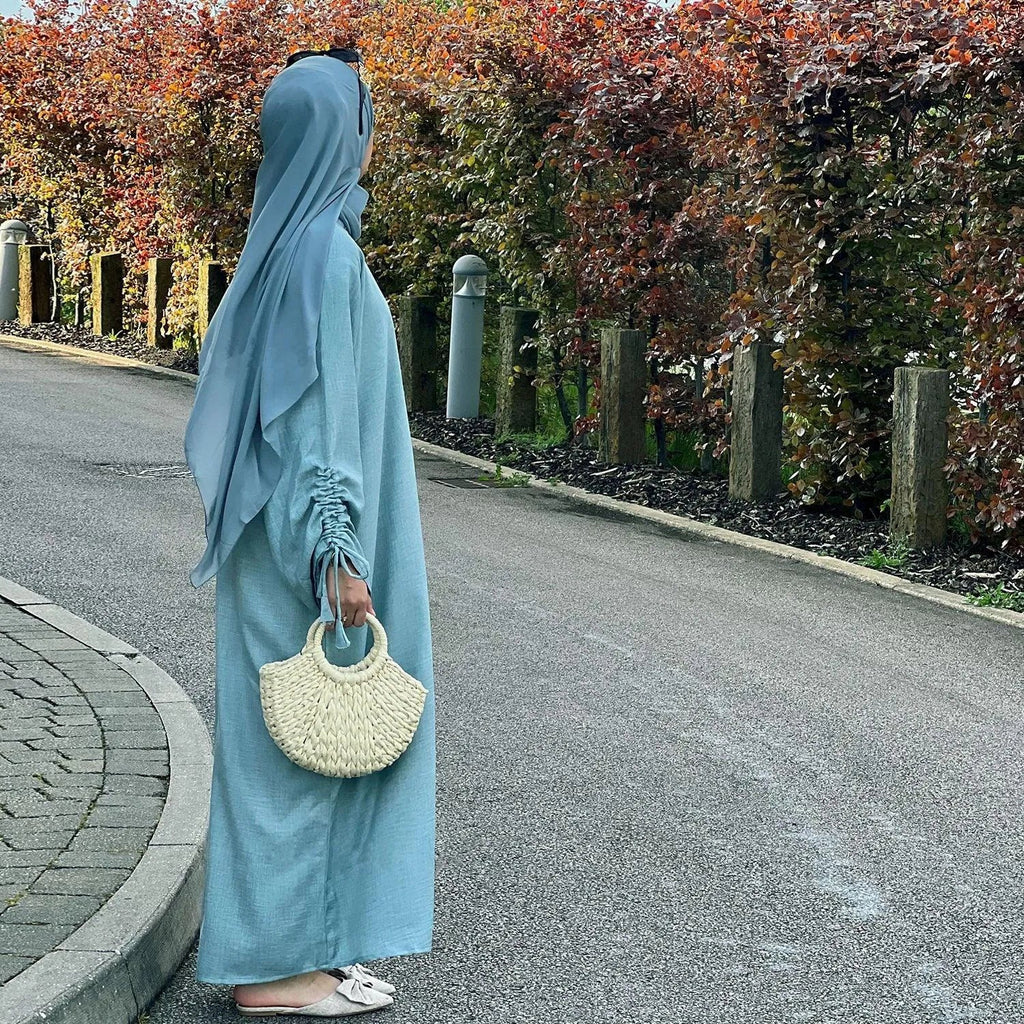 LM037 Robe Nuisette Crêpe Lin Manches Longues Froncées avec Fronces Nouées