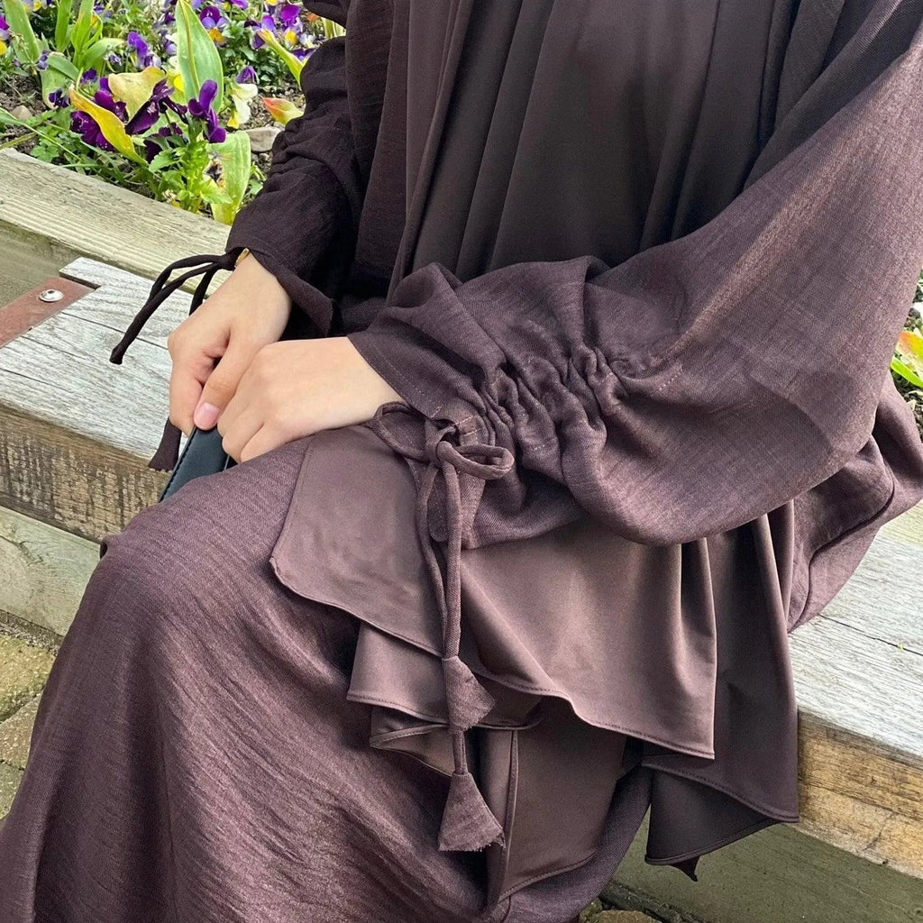 LM037 Robe Nuisette Crêpe Lin Manches Longues Froncées avec Fronces Nouées