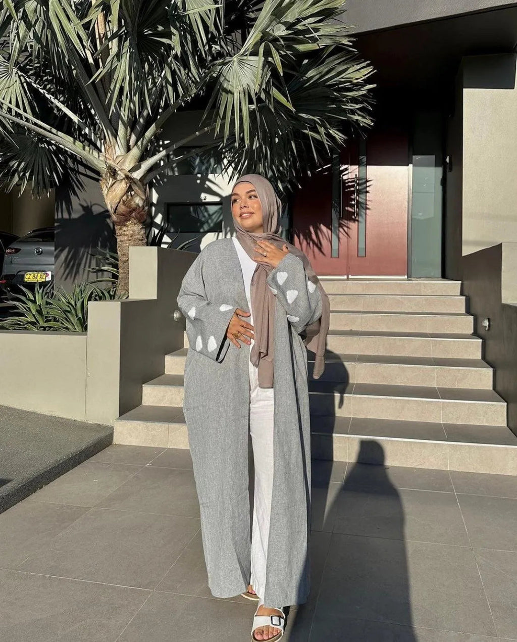 LM027 Abaya Cardigan Kimono Ouvert Texturé Lin Élégant Sahāb | Vêtement Islamique Modeste pour Femmes