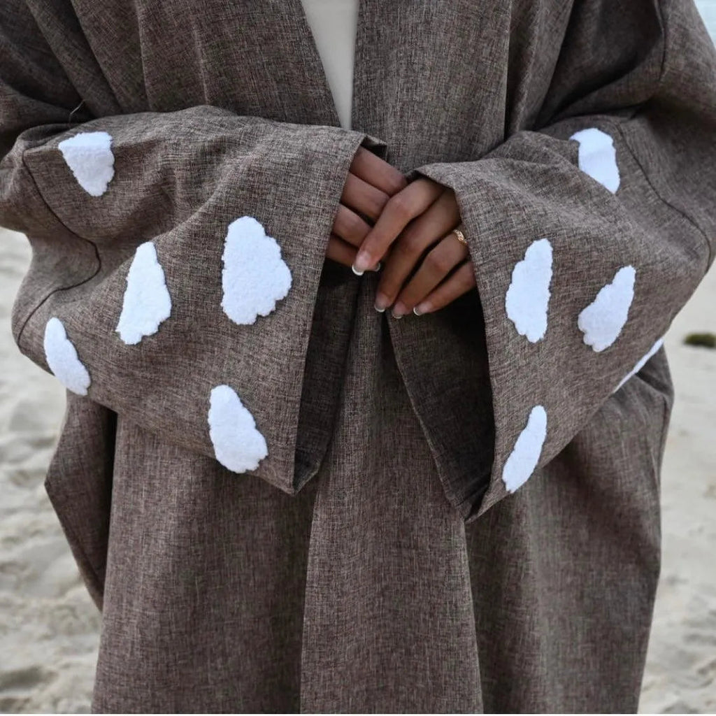 LM027 Abaya Cardigan Kimono Ouvert Texturé Lin Élégant Sahāb | Vêtement Islamique Modeste pour Femmes