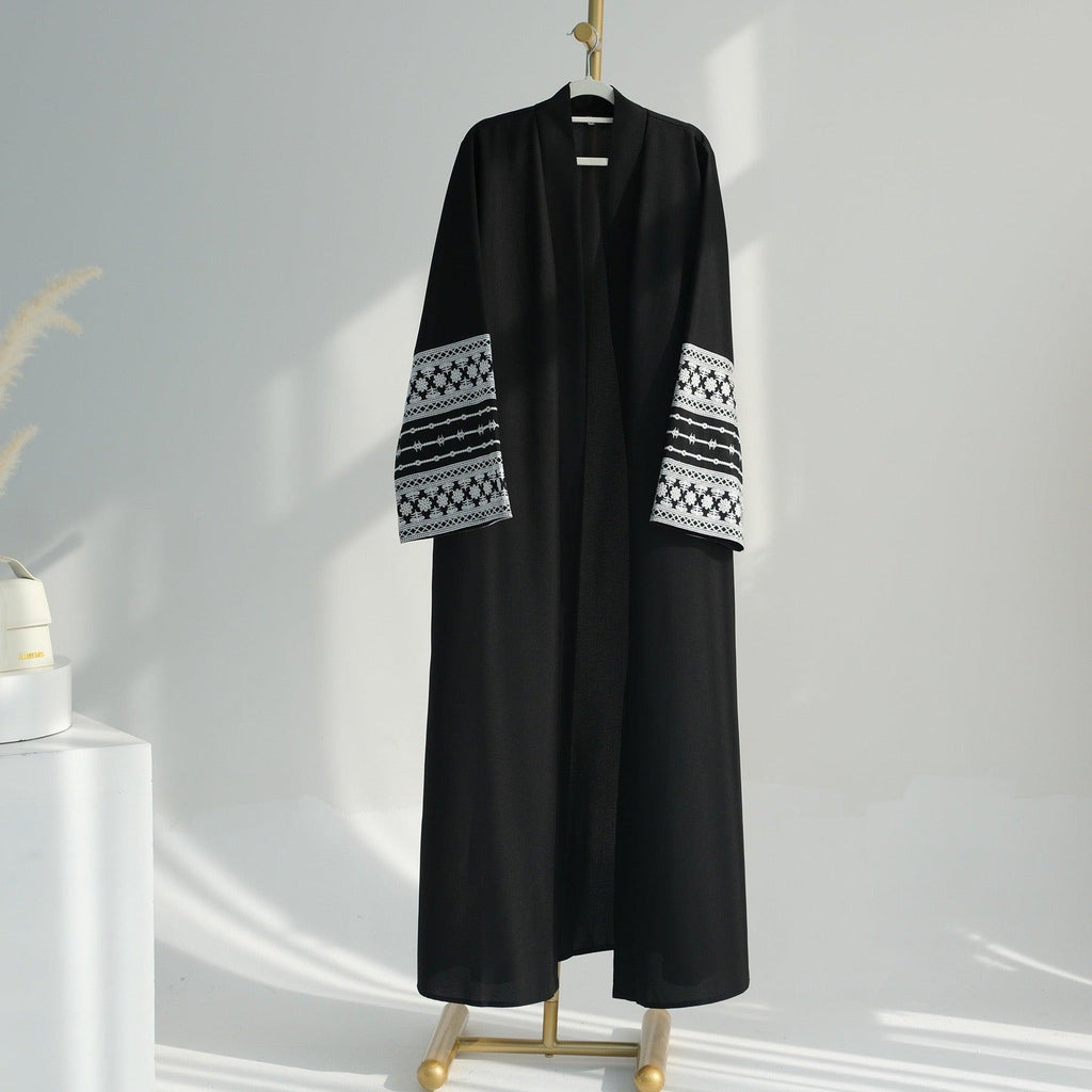 LM039 Abaya Lin Brodée avec Ceinture & Poches | Style Ouvert Modeste pour Aïd et Quotidien