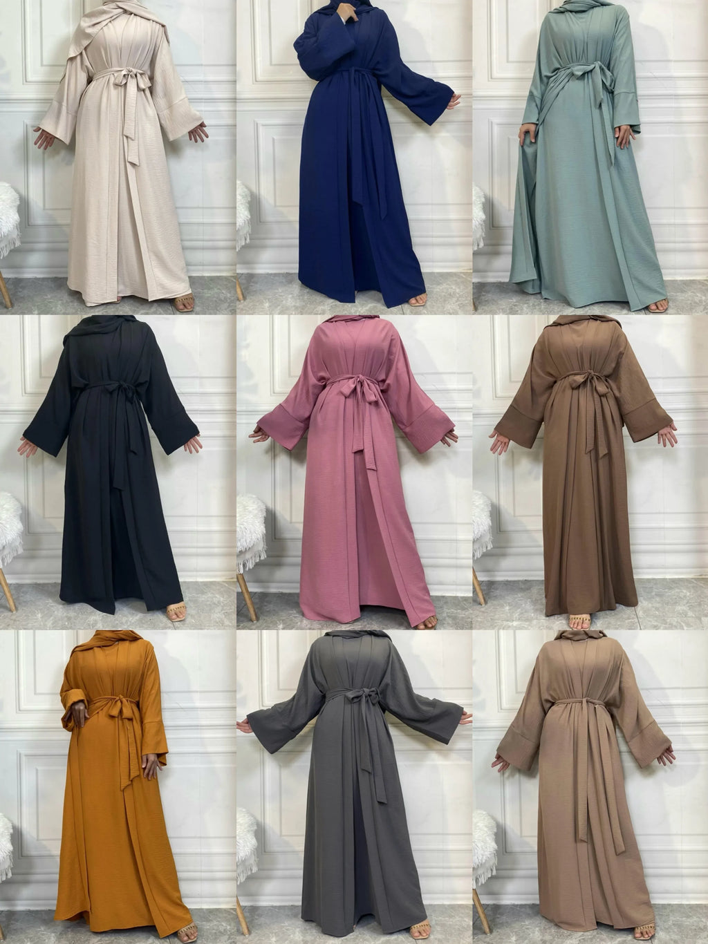 LM048 Ensemble Abaya Crêpe Jazz 4 Pièces Hijab, Fond de Robe, Ceinture | Tenue Estivale Légère et Modeste