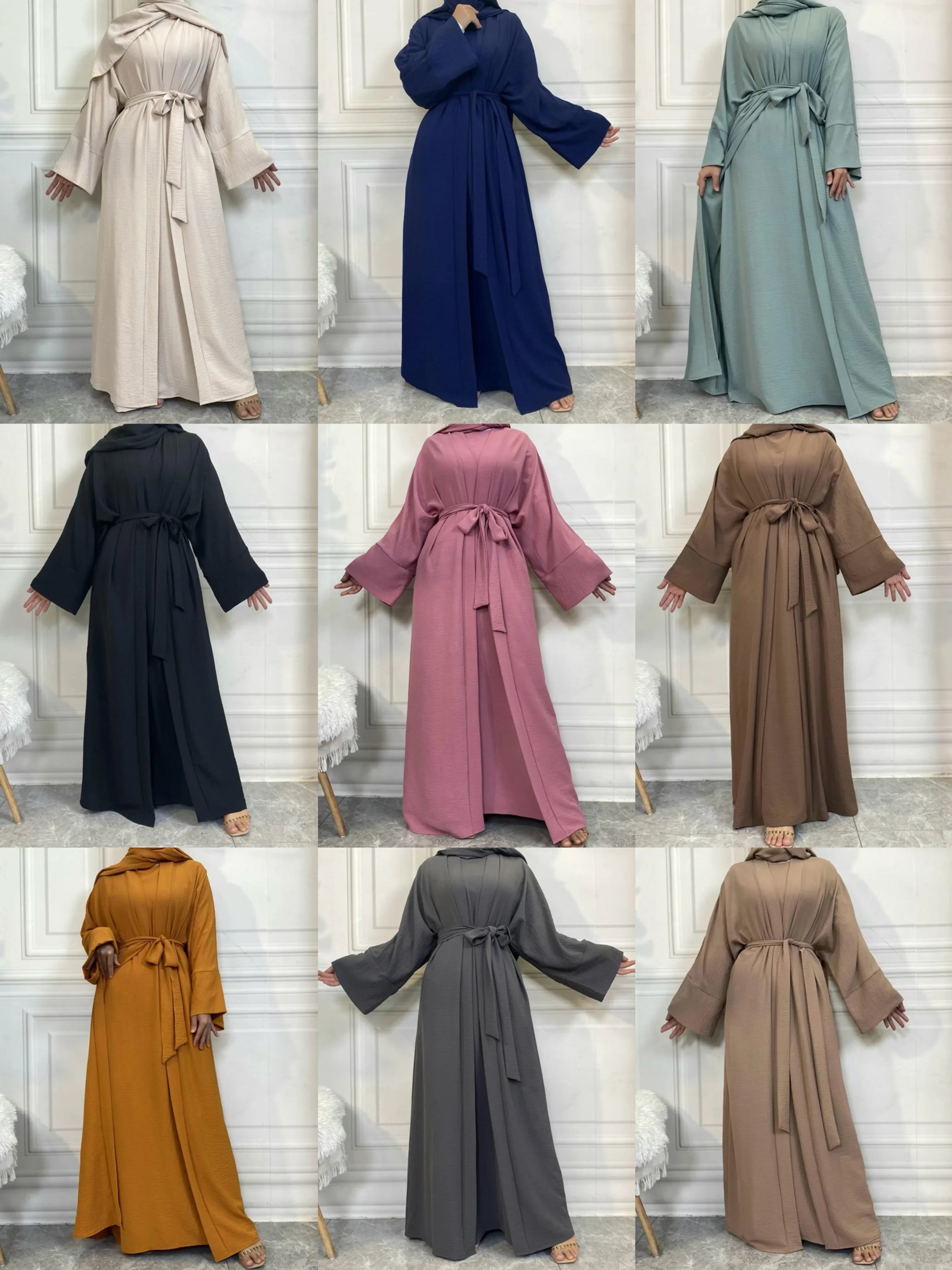 LM048 Ensemble Abaya Crêpe Jazz 4 Pièces Hijab, Fond de Robe, Ceinture | Tenue Estivale Légère et Modeste