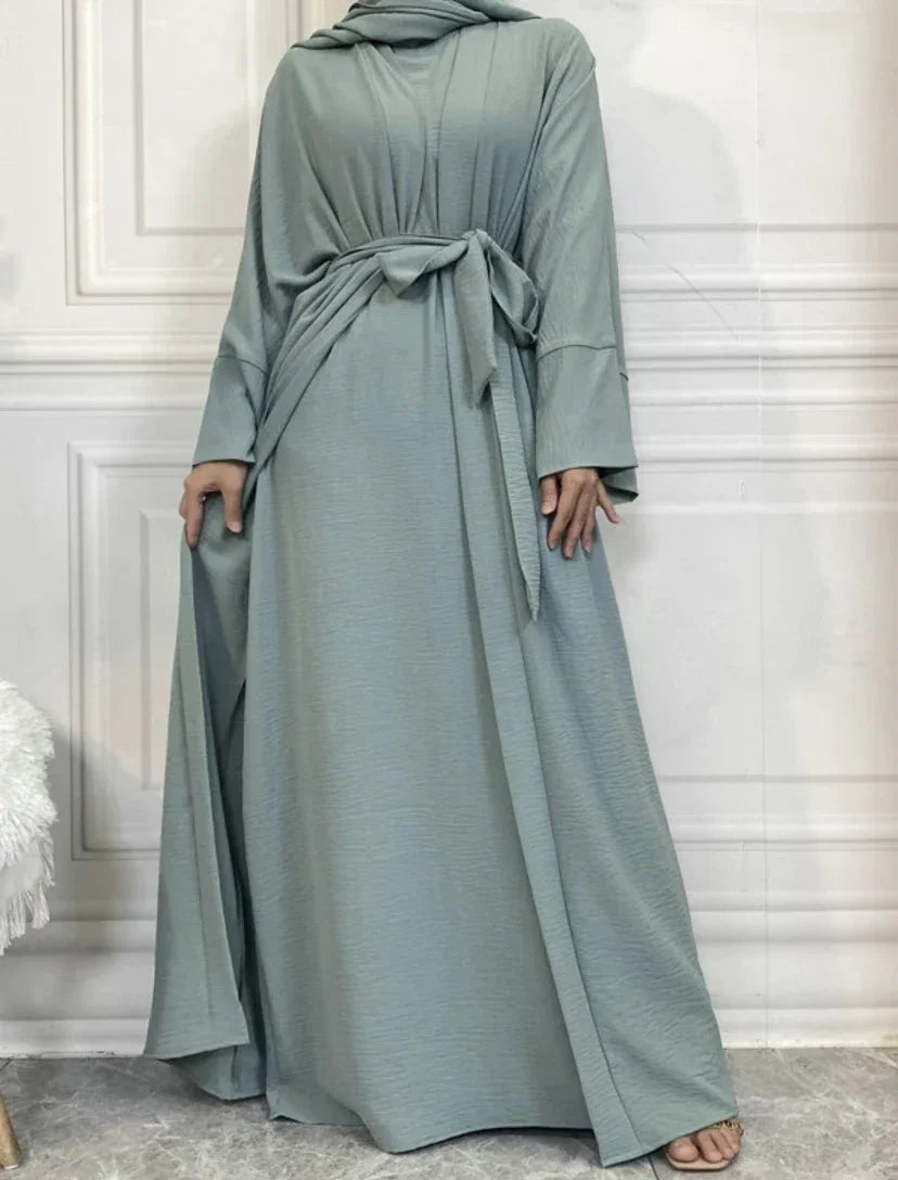 LM048 Ensemble Abaya Crêpe Jazz 4 Pièces Hijab, Fond de Robe, Ceinture | Tenue Estivale Légère et Modeste
