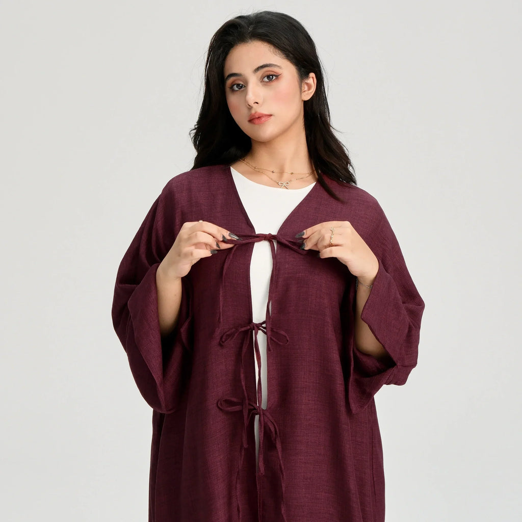 LM053 Cardigan Kimono Noué Modeste – Style Abaya Ouverte Look Crêpe Lin
