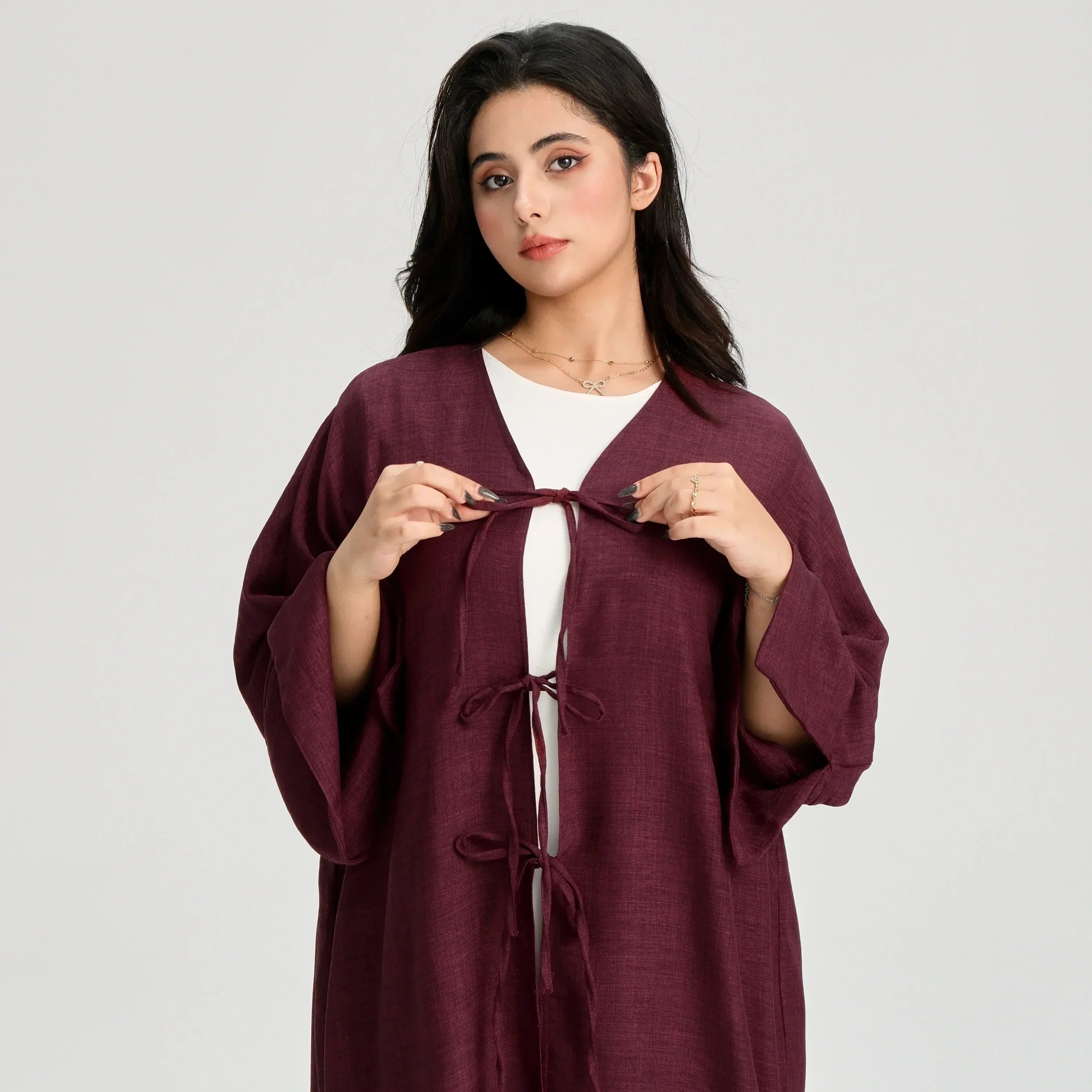 LM053 Cardigan Kimono Noué Modeste – Style Abaya Ouverte Look Crêpe Lin