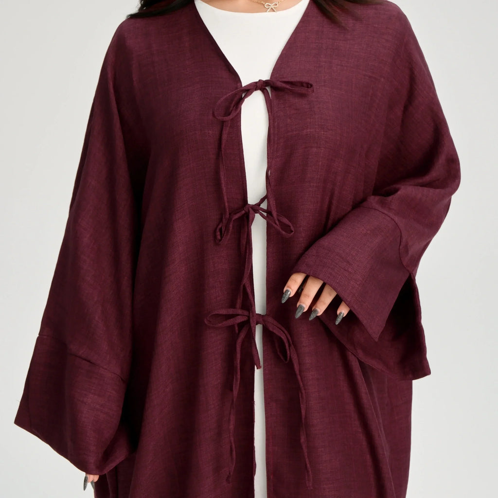 LM053 Cardigan Kimono Noué Modeste – Style Abaya Ouverte Look Crêpe Lin