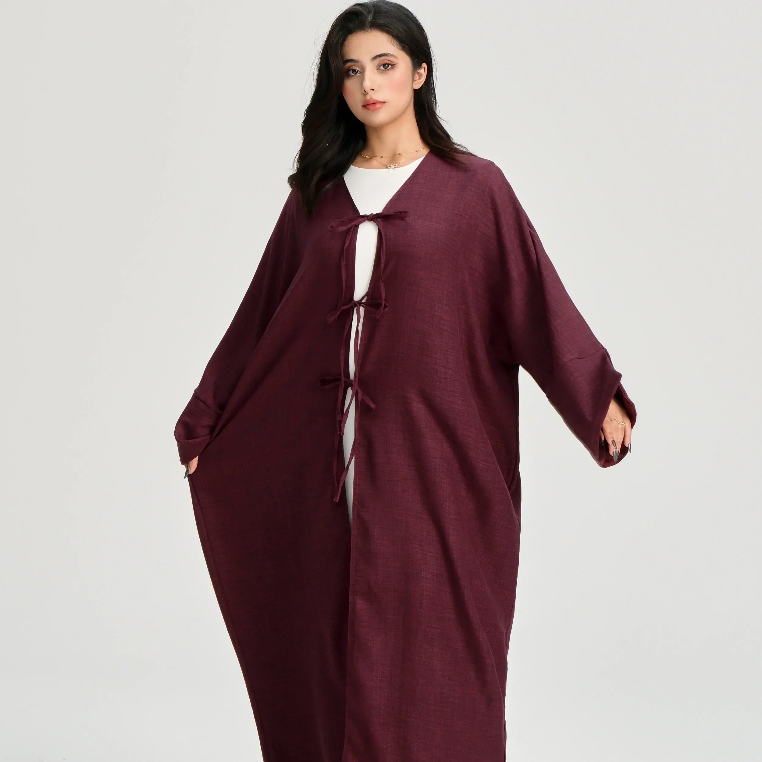 LM053 Cardigan Kimono Noué Modeste – Style Abaya Ouverte Look Crêpe Lin