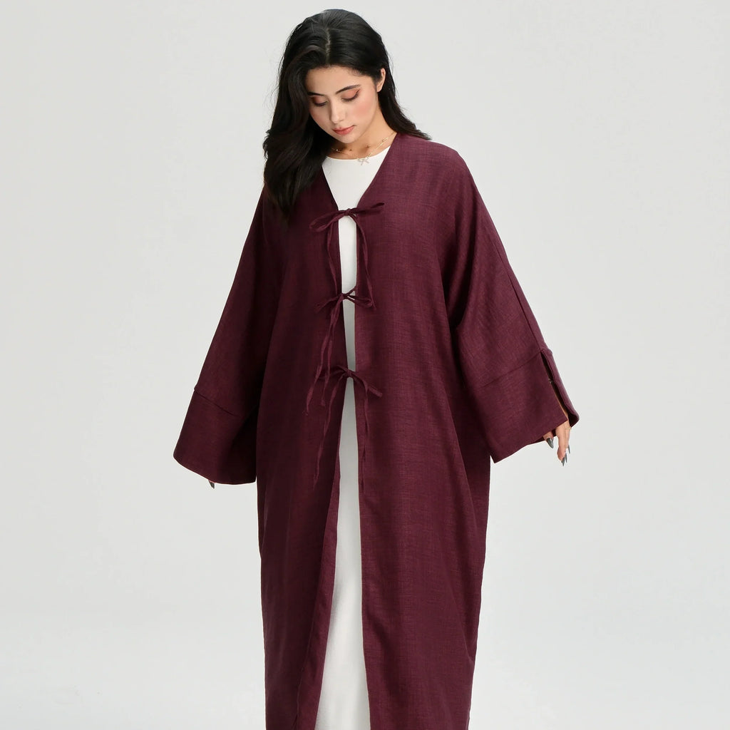 LM053 Cardigan Kimono Noué Modeste – Style Abaya Ouverte Look Crêpe Lin