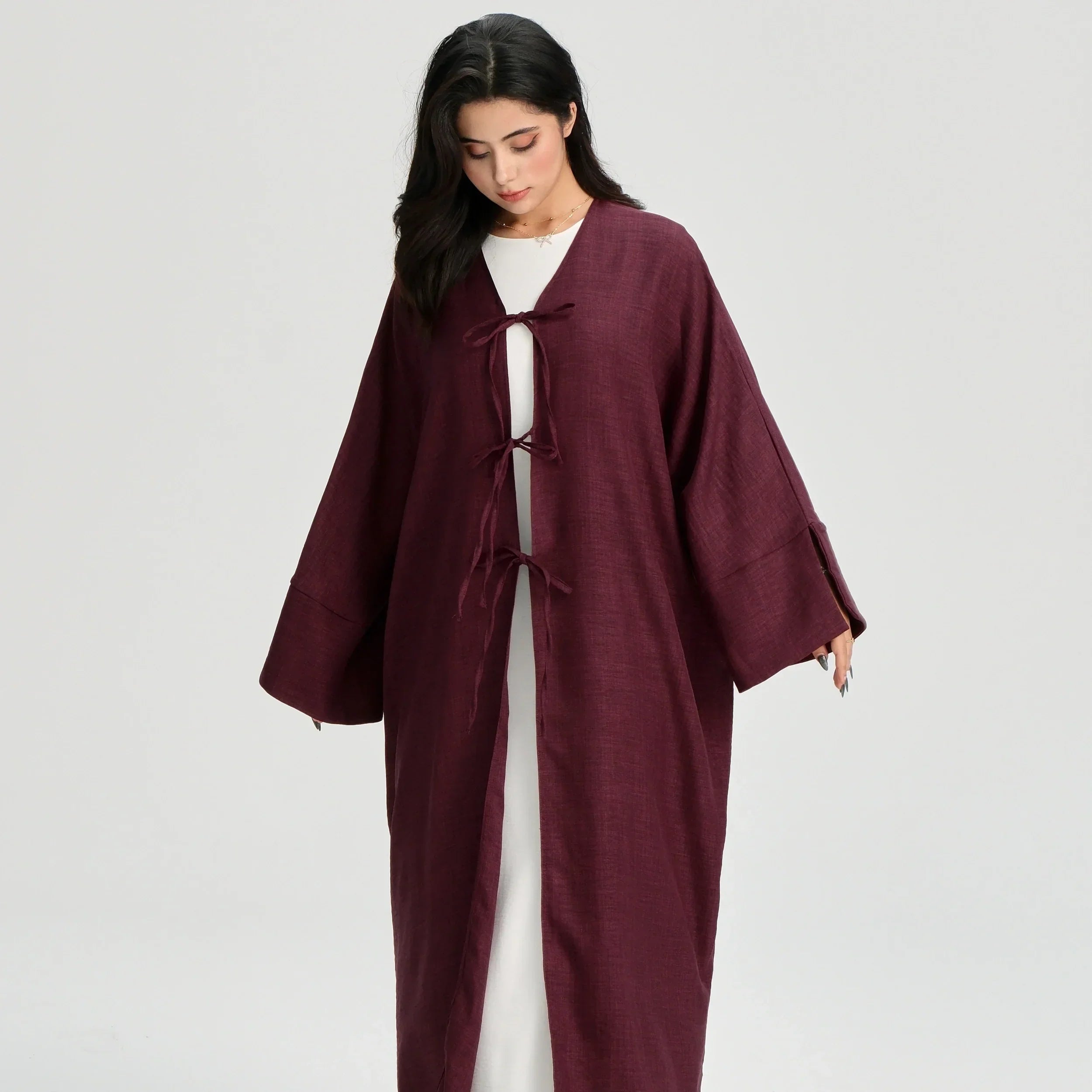 LM053 Cardigan Kimono Noué Modeste – Style Abaya Ouverte Look Crêpe Lin