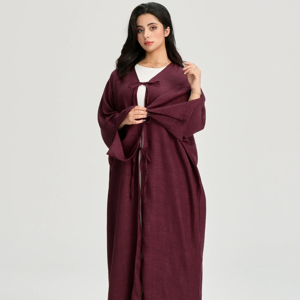 LM053 Cardigan Kimono Noué Modeste – Style Abaya Ouverte Look Crêpe Lin