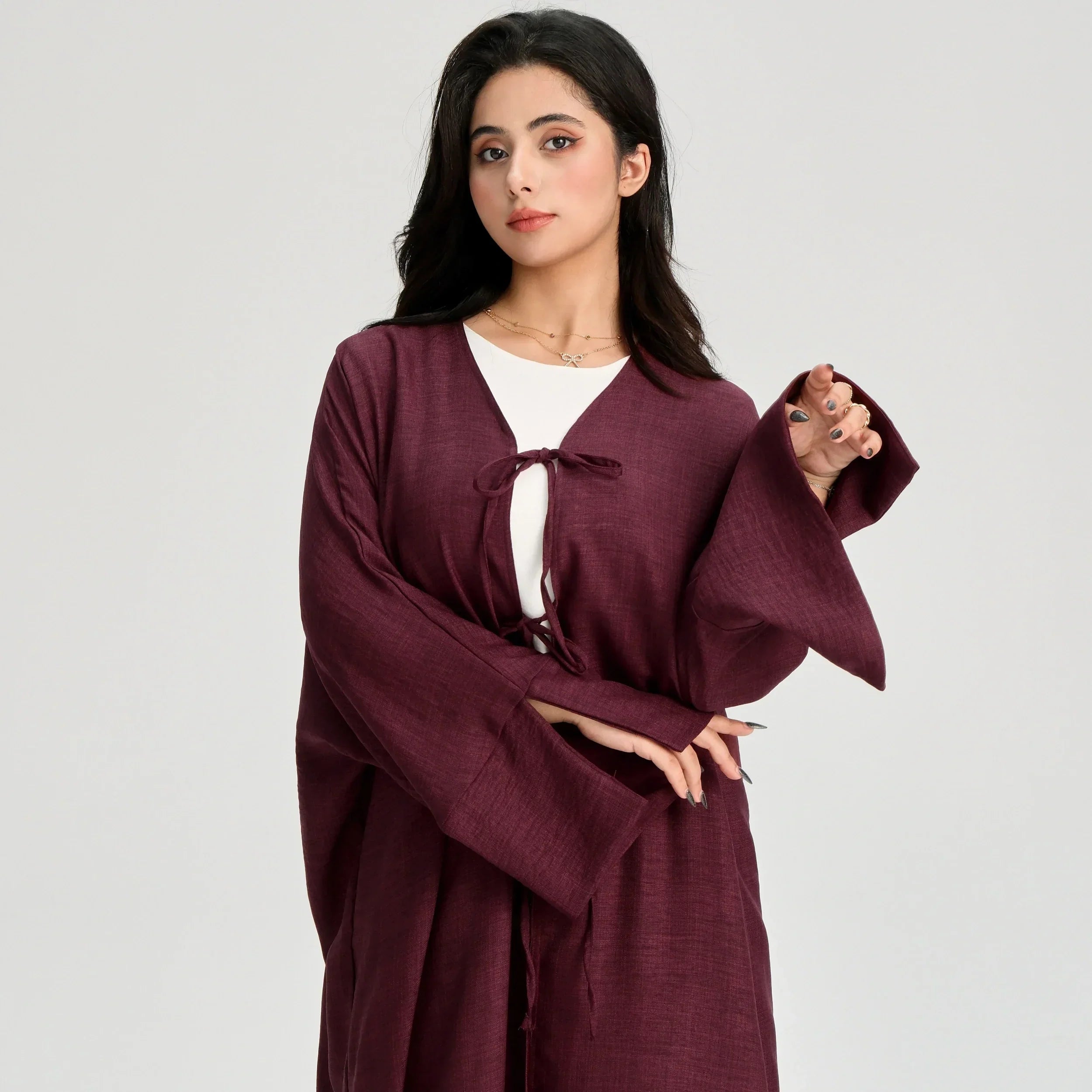 LM053 Cardigan Kimono Noué Modeste – Style Abaya Ouverte Look Crêpe Lin