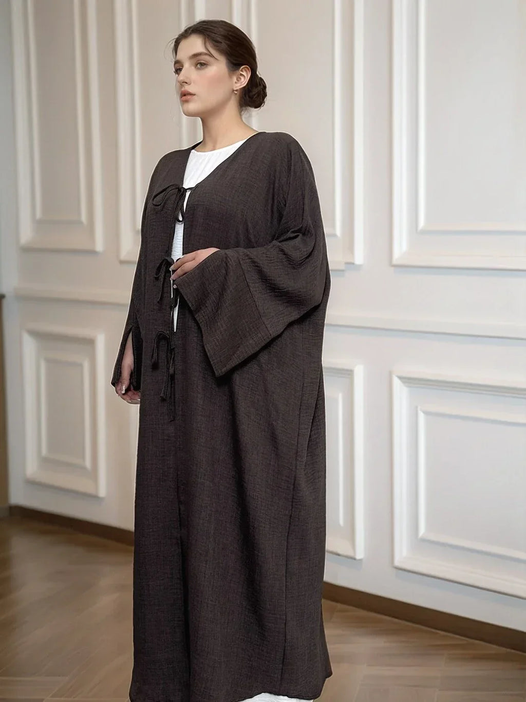 LM053 Cardigan Kimono Noué Modeste – Style Abaya Ouverte Look Crêpe Lin