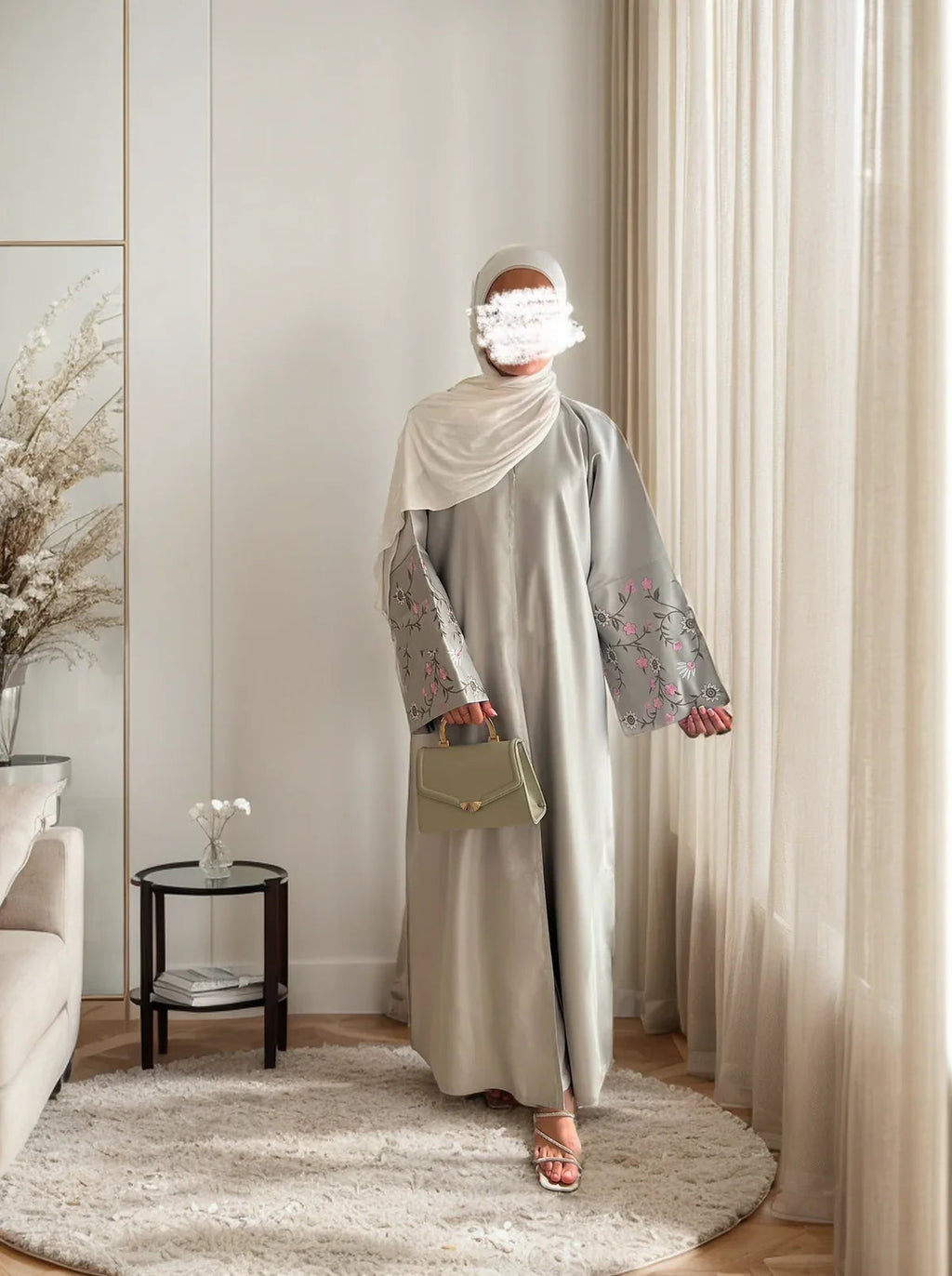 LM054 Abaya Satin Florale Ouverte | Style Khaleeji Brodé pour Aïd et Modestie Quotidienne