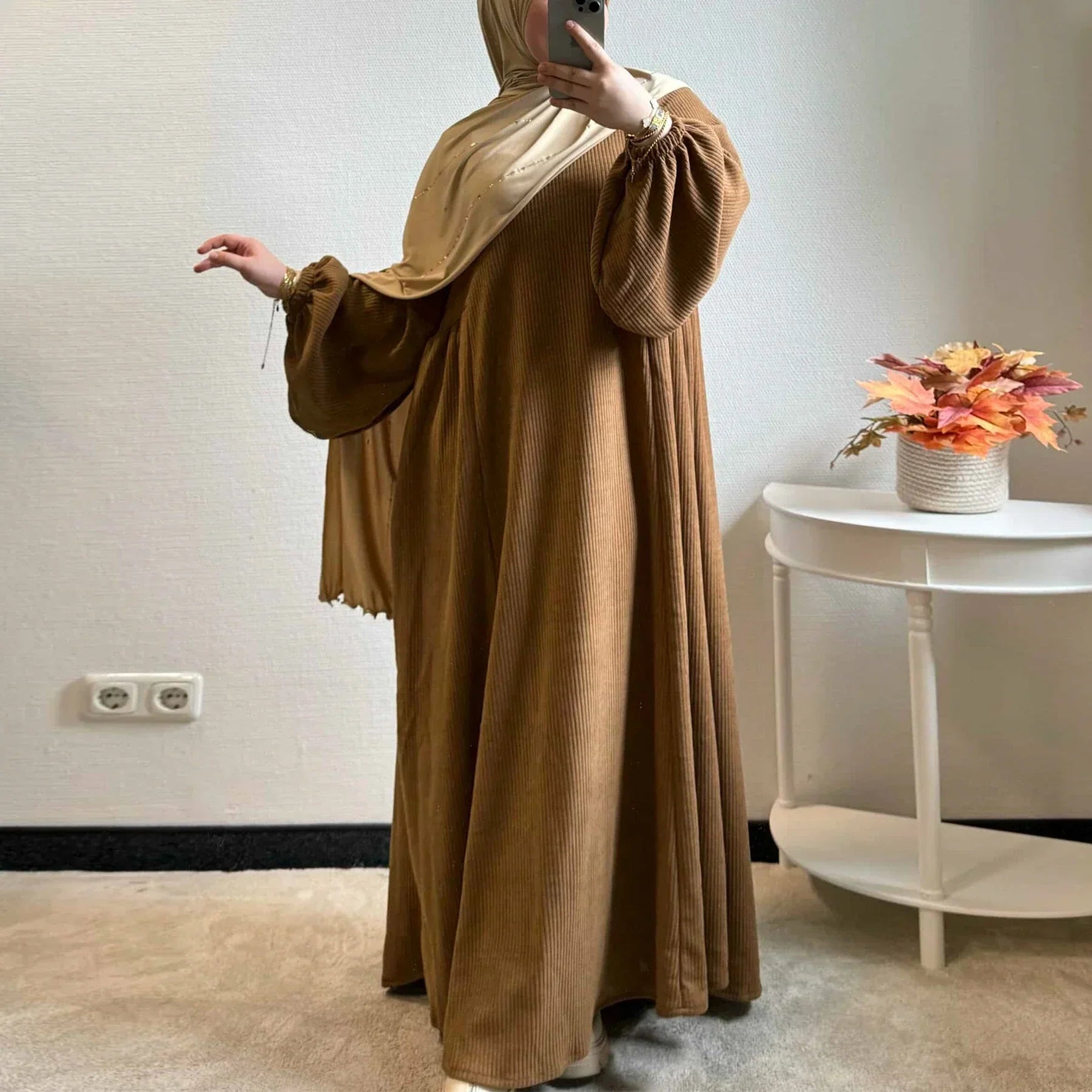 LM057 Robe Abaya Hiver Velours Côtelé Manches Ballon Réversibles & Silhouette A-Line Épaisse Chaude Mode Modeste