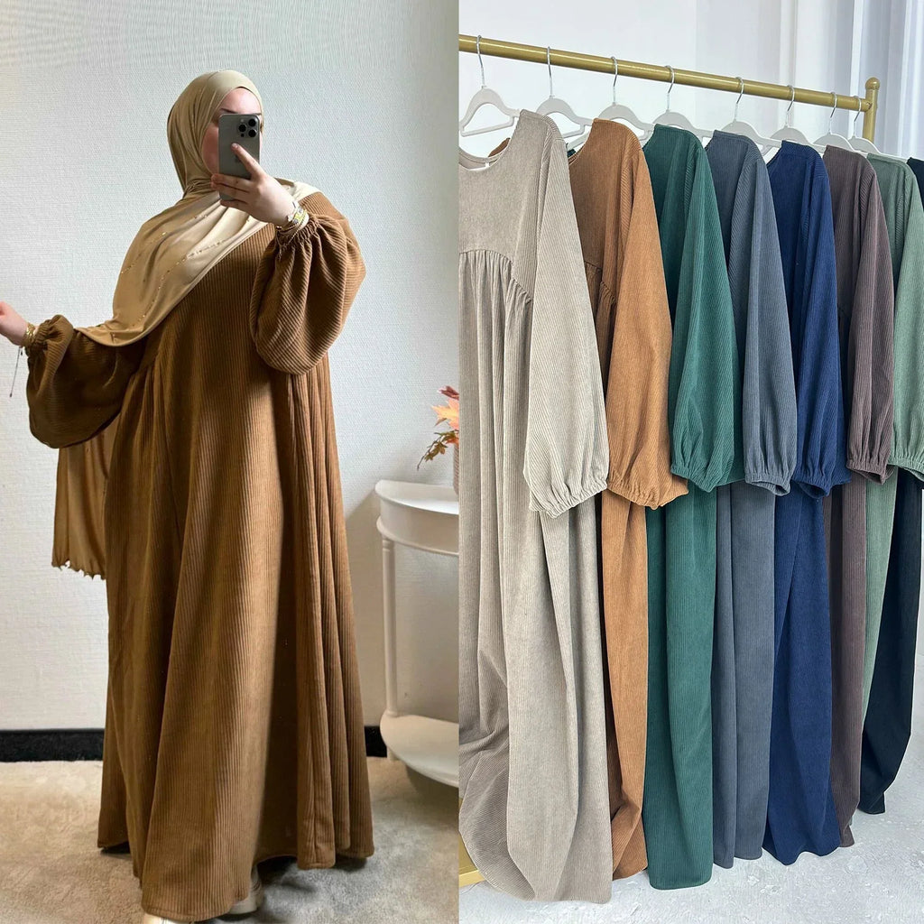 LM057 Robe Abaya Hiver Velours Côtelé Manches Ballon Réversibles & Silhouette A-Line Épaisse Chaude Mode Modeste