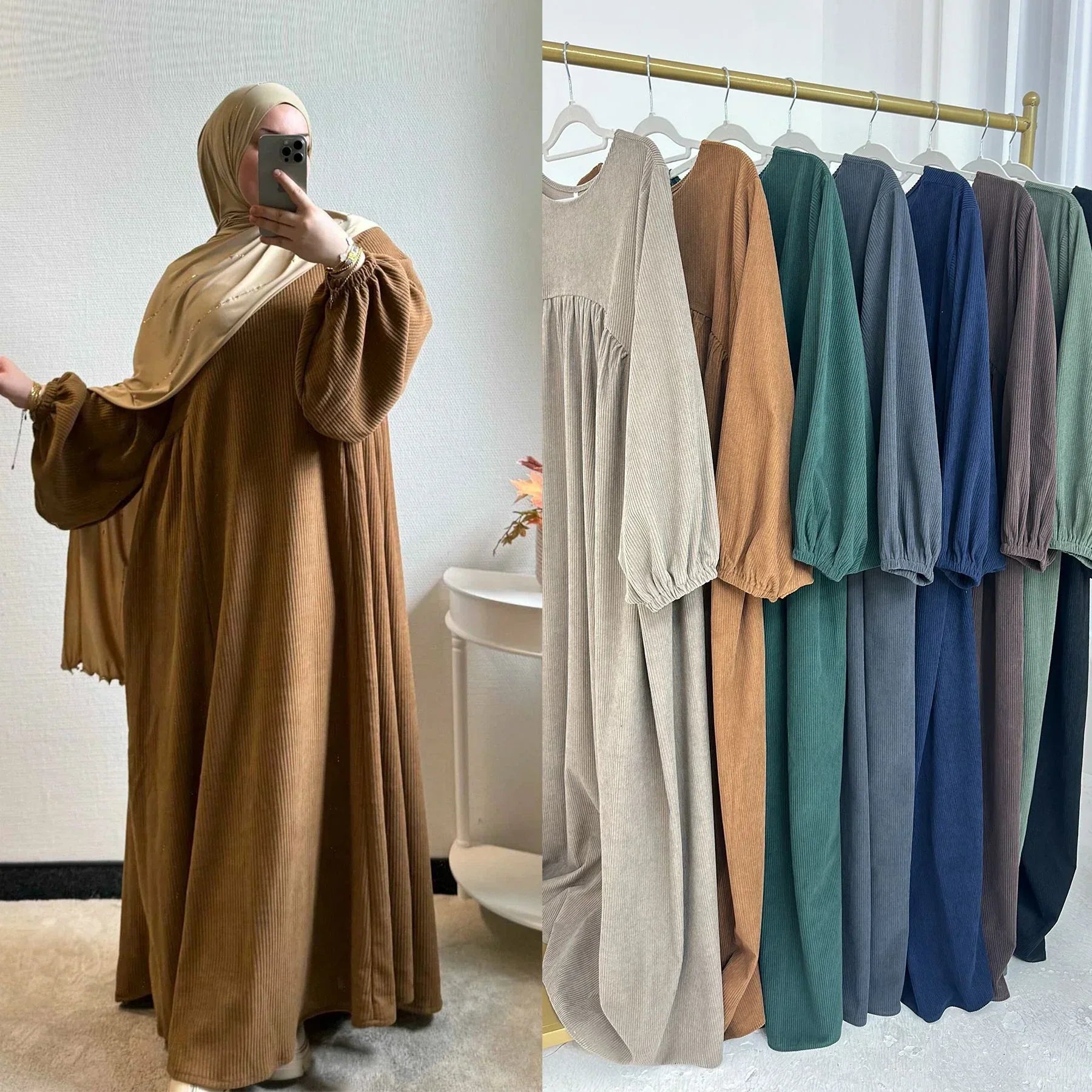 LM057 Robe Abaya Hiver Velours Côtelé Manches Ballon Réversibles & Silhouette A-Line Épaisse Chaude Mode Modeste