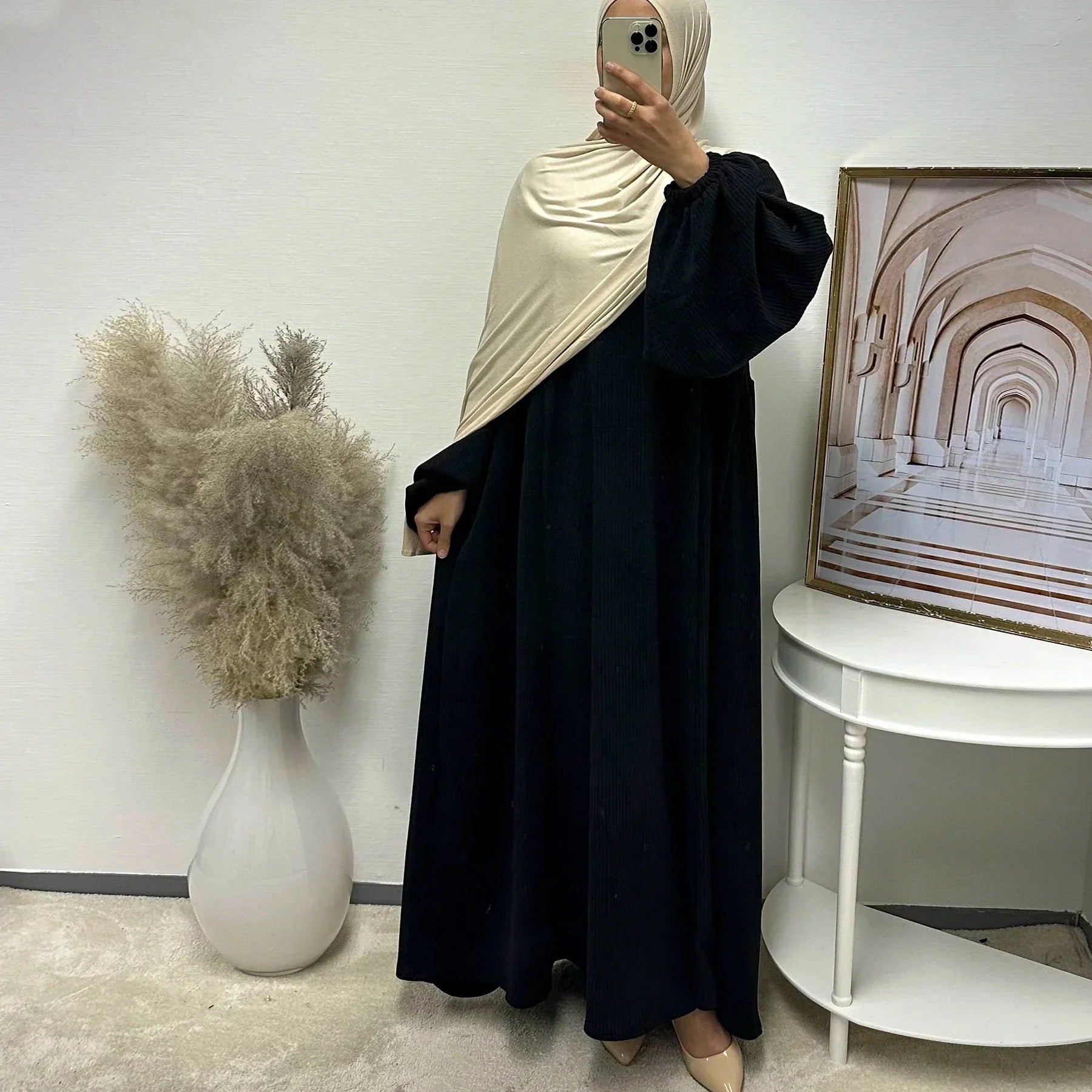 LM057 Robe Abaya Hiver Velours Côtelé Manches Ballon Réversibles & Silhouette A-Line Épaisse Chaude Mode Modeste