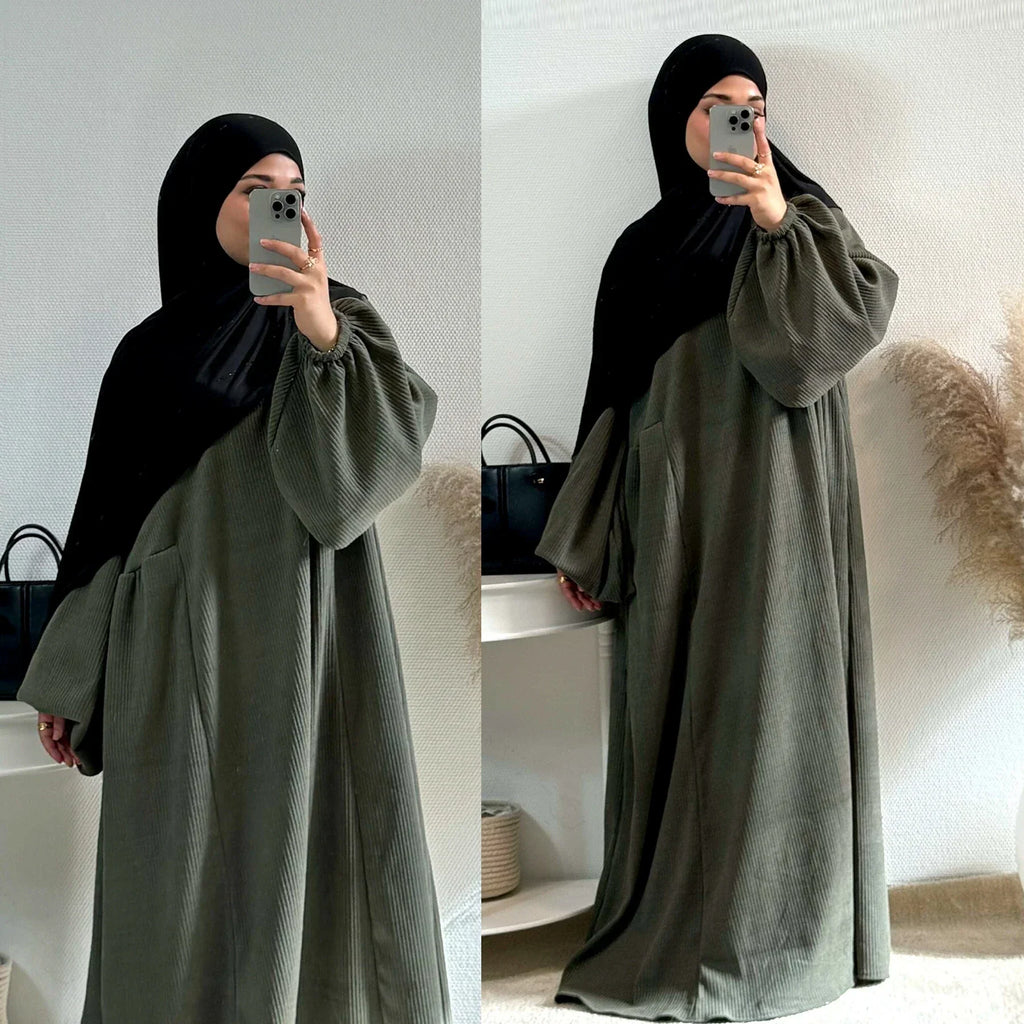 LM057 Robe Abaya Hiver Velours Côtelé Manches Ballon Réversibles & Silhouette A-Line Épaisse Chaude Mode Modeste