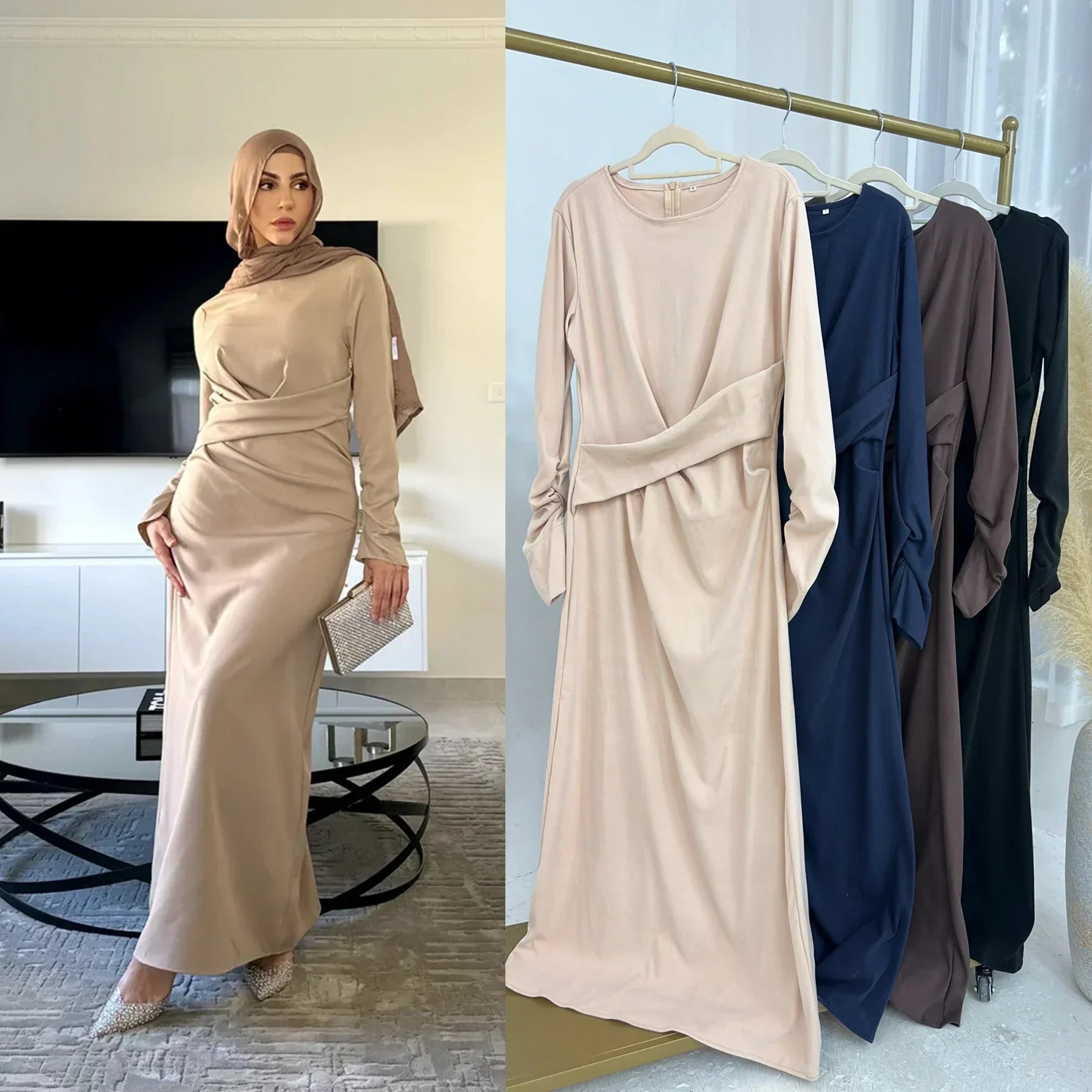 LM058 Robe Abaya Thermique d'Hiver – Taille Torsadée & Fermeture Éclair Dos pour Mode Modeste Chaude