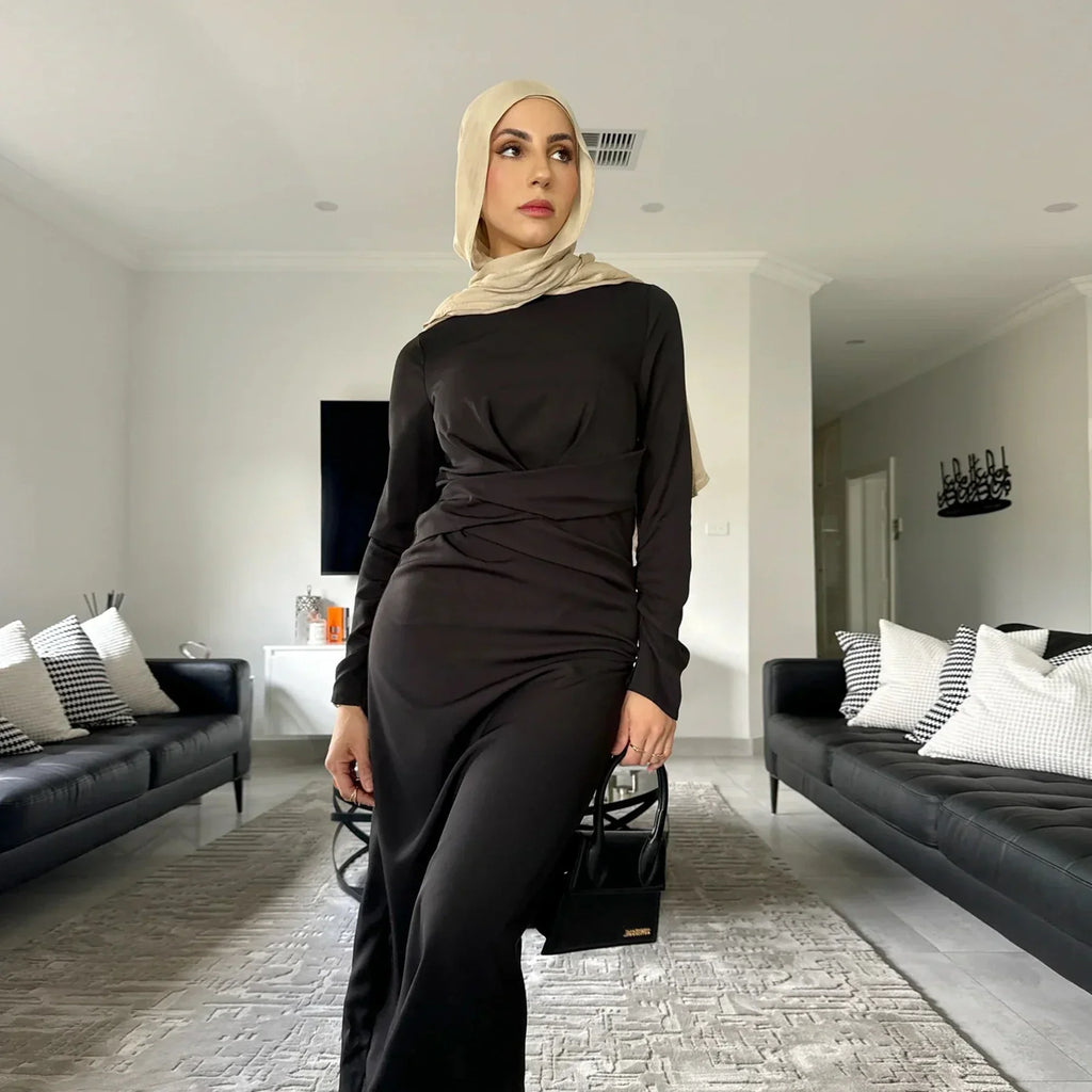 LM058 Robe Abaya Thermique d'Hiver – Taille Torsadée & Fermeture Éclair Dos pour Mode Modeste Chaude