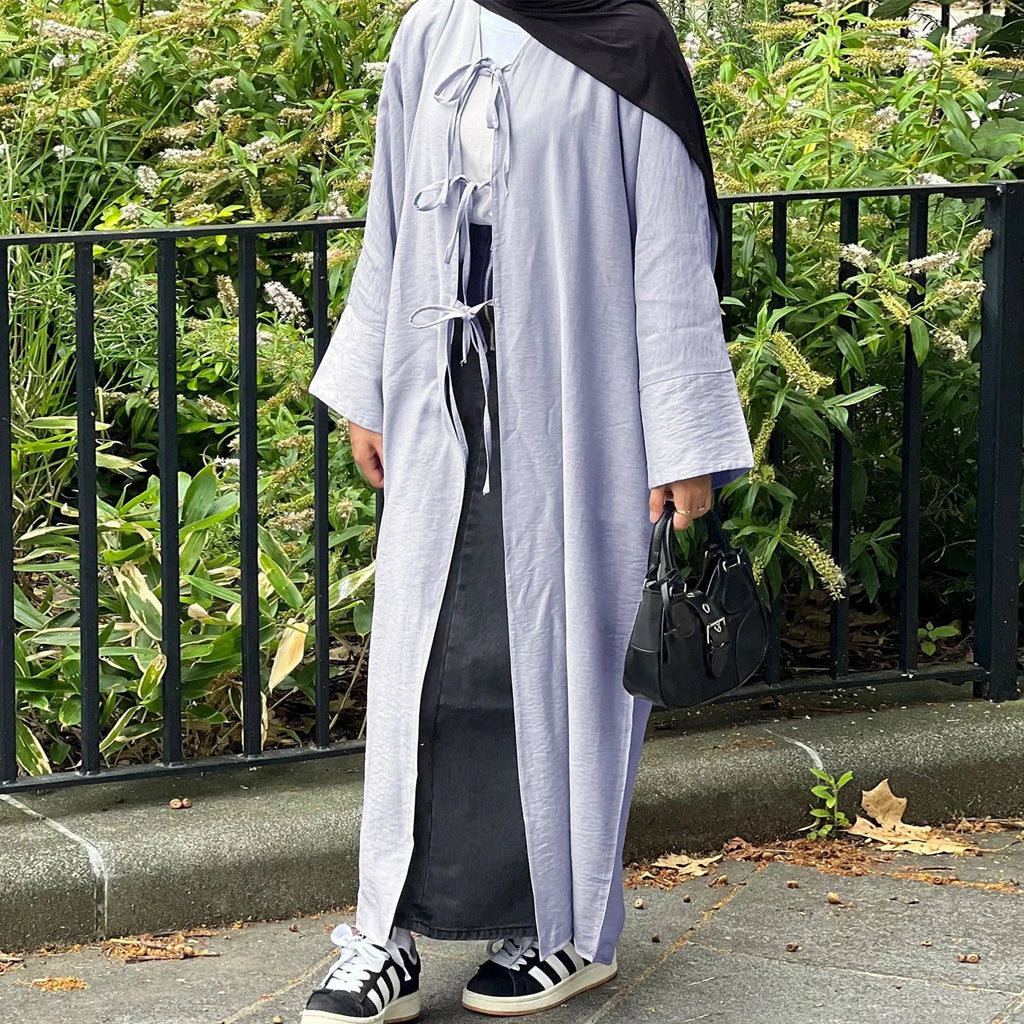 LM063 Abaya Kimono Crêpe Estivale avec Nœud Jazz | Abaya Ouverte Légère pour Femmes