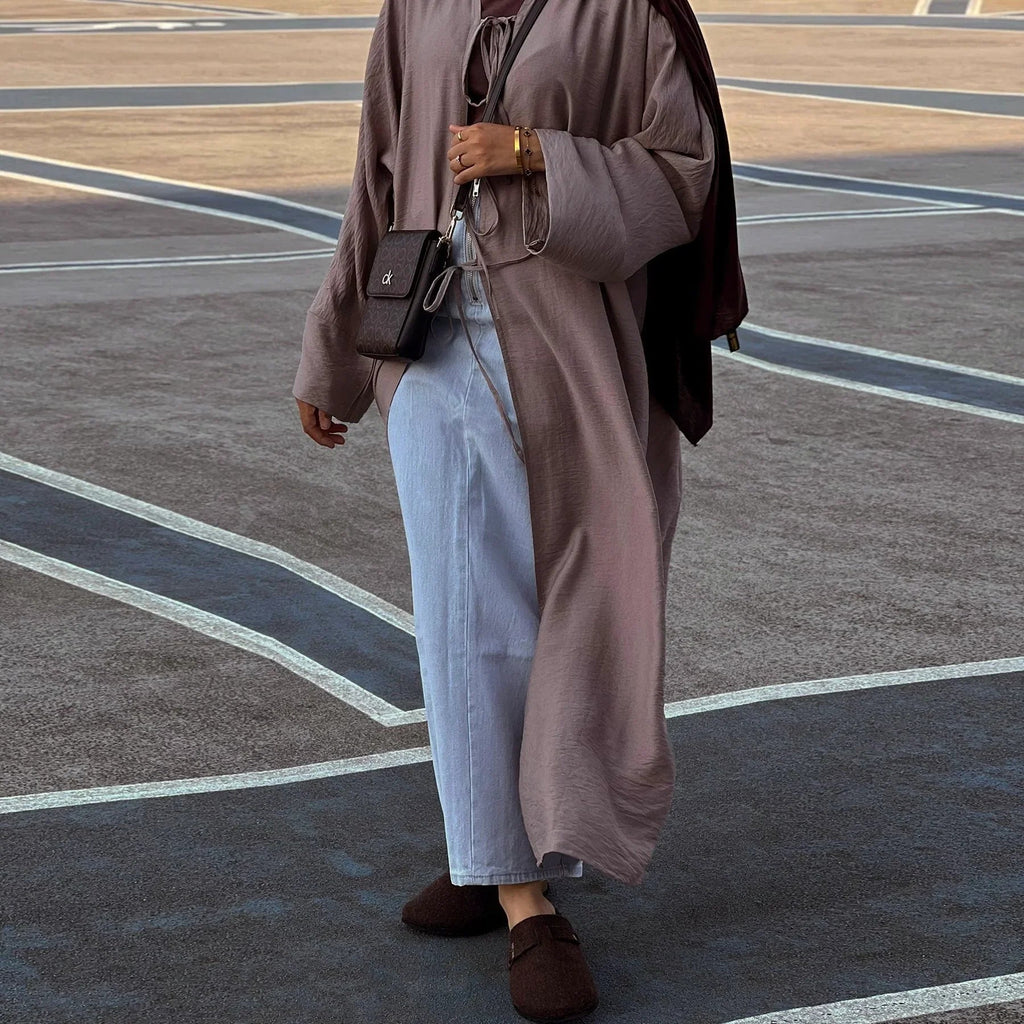 LM063 Abaya Kimono Crêpe Estivale avec Nœud Jazz | Abaya Ouverte Légère pour Femmes