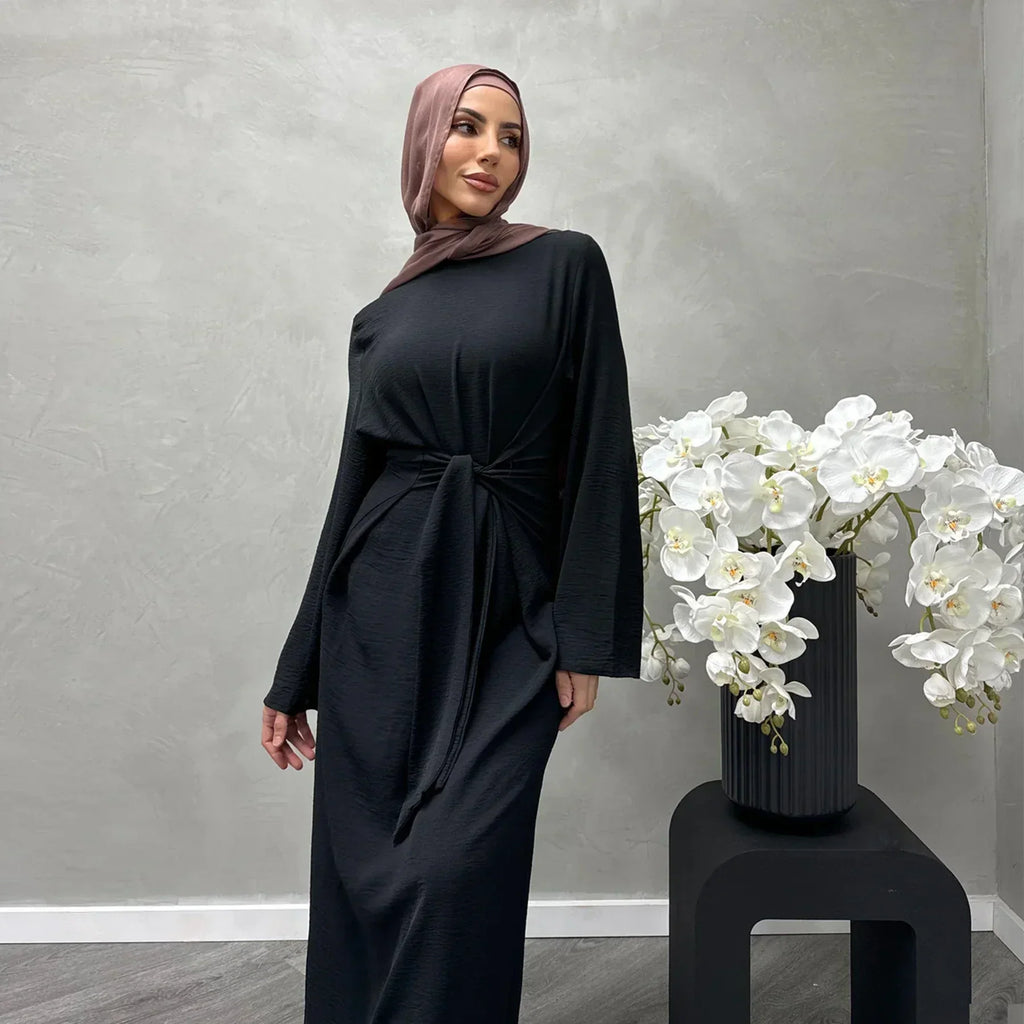 LM064 Été 2025 Robe Abaya Ceinturée Crêpe Jazz Une Pièce Essentiel Modeste Léger Tenue Hijab Quotidienne