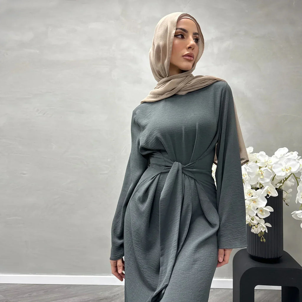 LM064 Été 2025 Robe Abaya Ceinturée Crêpe Jazz Une Pièce Essentiel Modeste Léger Tenue Hijab Quotidienne