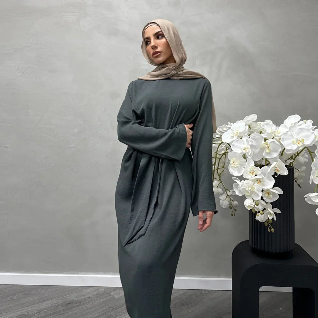 LM064 Été 2025 Robe Abaya Ceinturée Crêpe Jazz Une Pièce Essentiel Modeste Léger Tenue Hijab Quotidienne