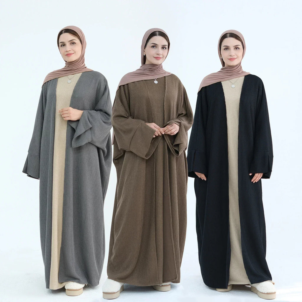 LM074 Cardigan Abaya Ouvert Tricoté Chaud | Pièce Superposition Hiver Modeste Design Ouvert Devant