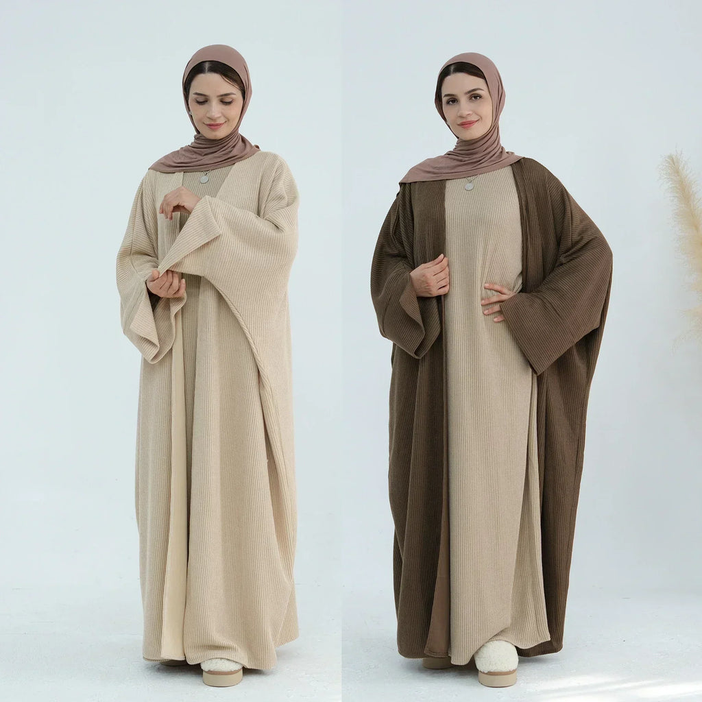 LM074 Cardigan Abaya Ouvert Tricoté Chaud | Pièce Superposition Hiver Modeste Design Ouvert Devant