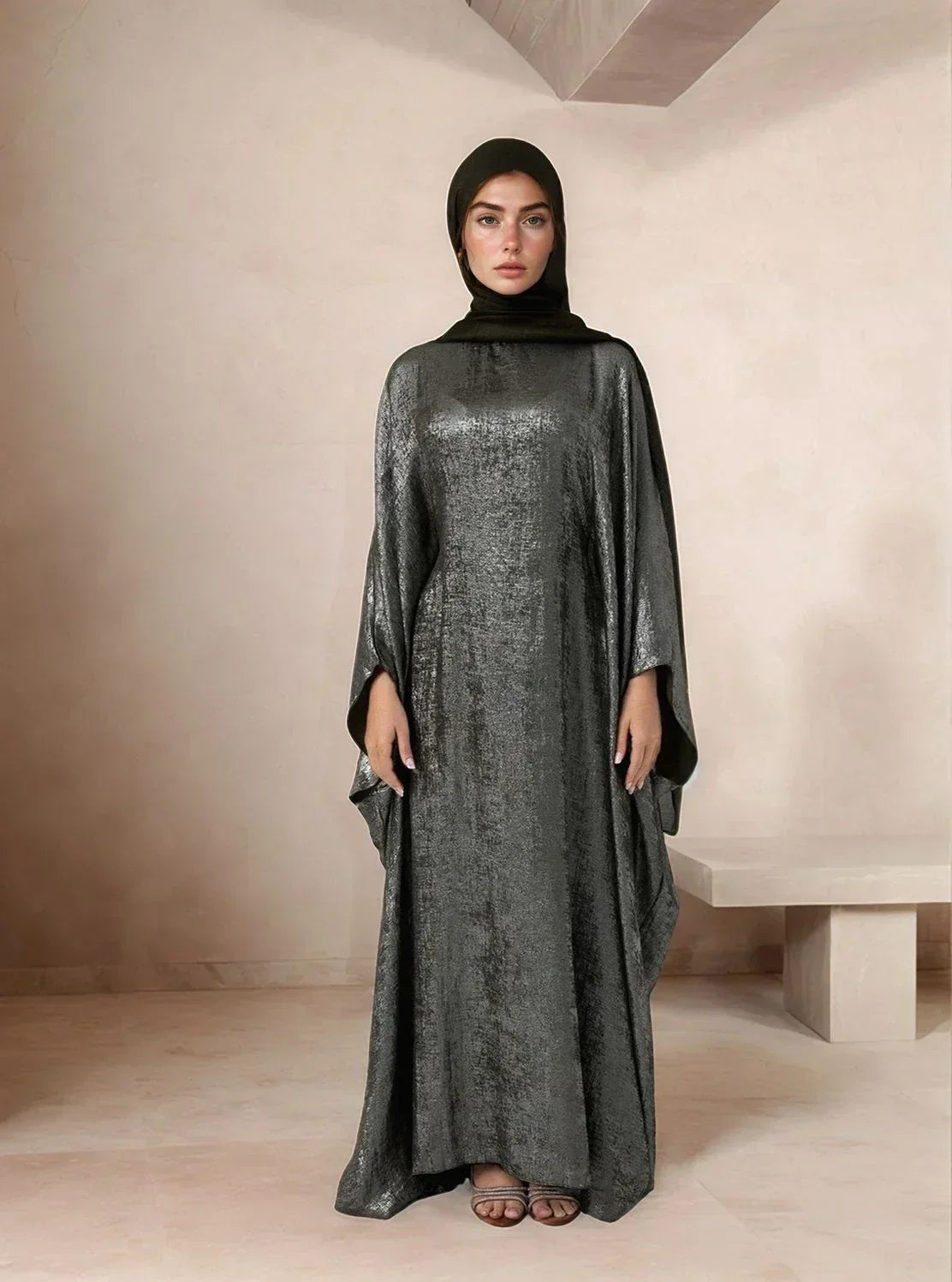 LM080 Ensemble Abaya Satin Métallique – Robe Modeste Luxueuse avec Hijab & Ceinture pour Aïd & Iftar